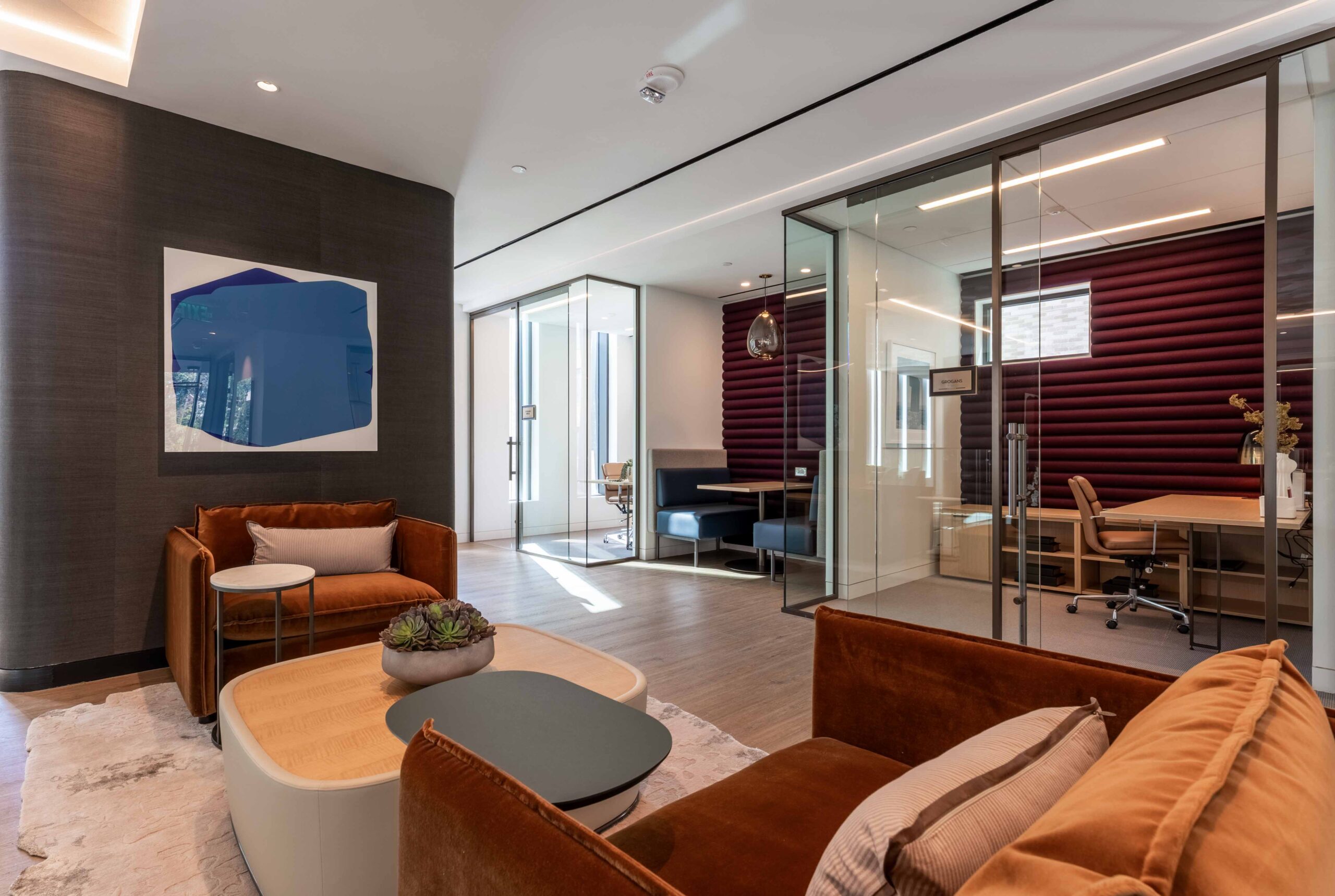 Modern office lounge with glass walls