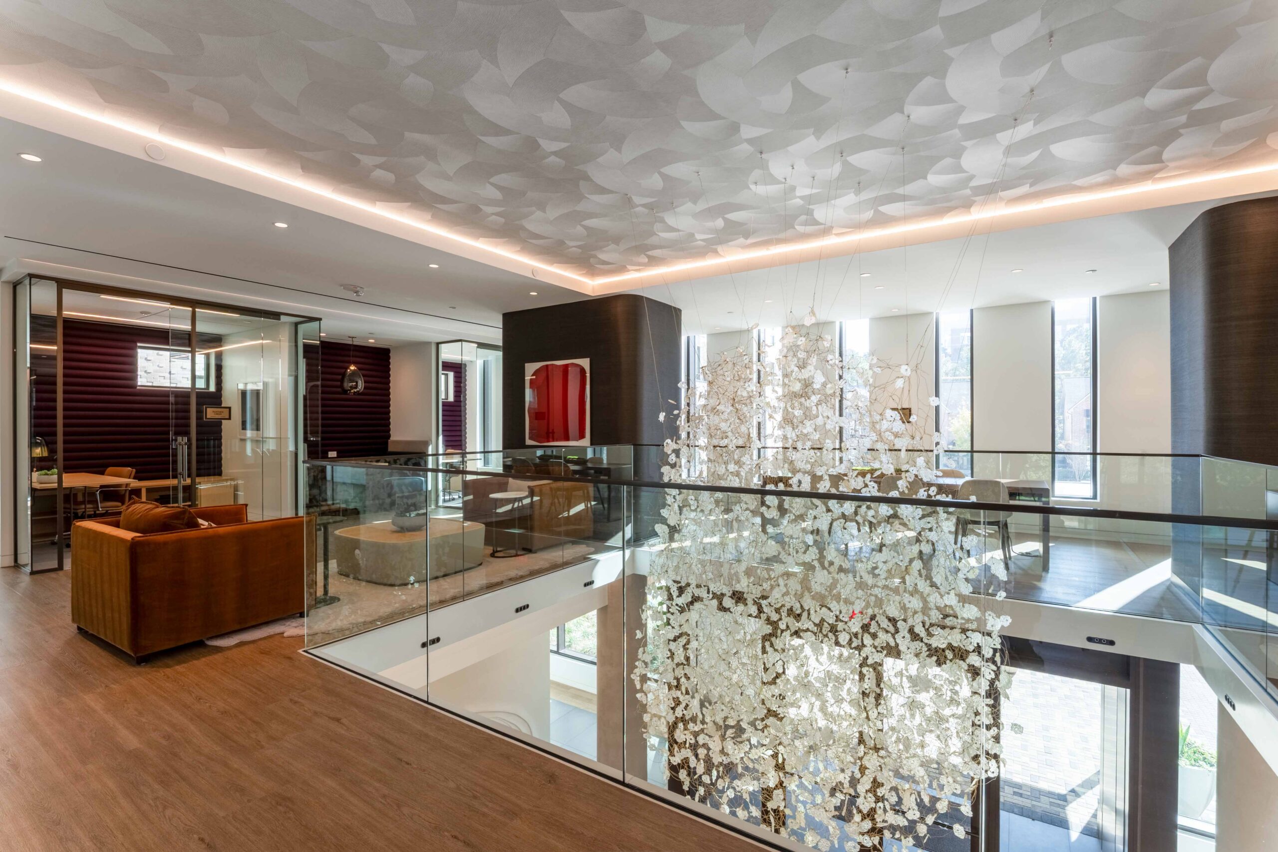 Modern lobby with artistic chandelier