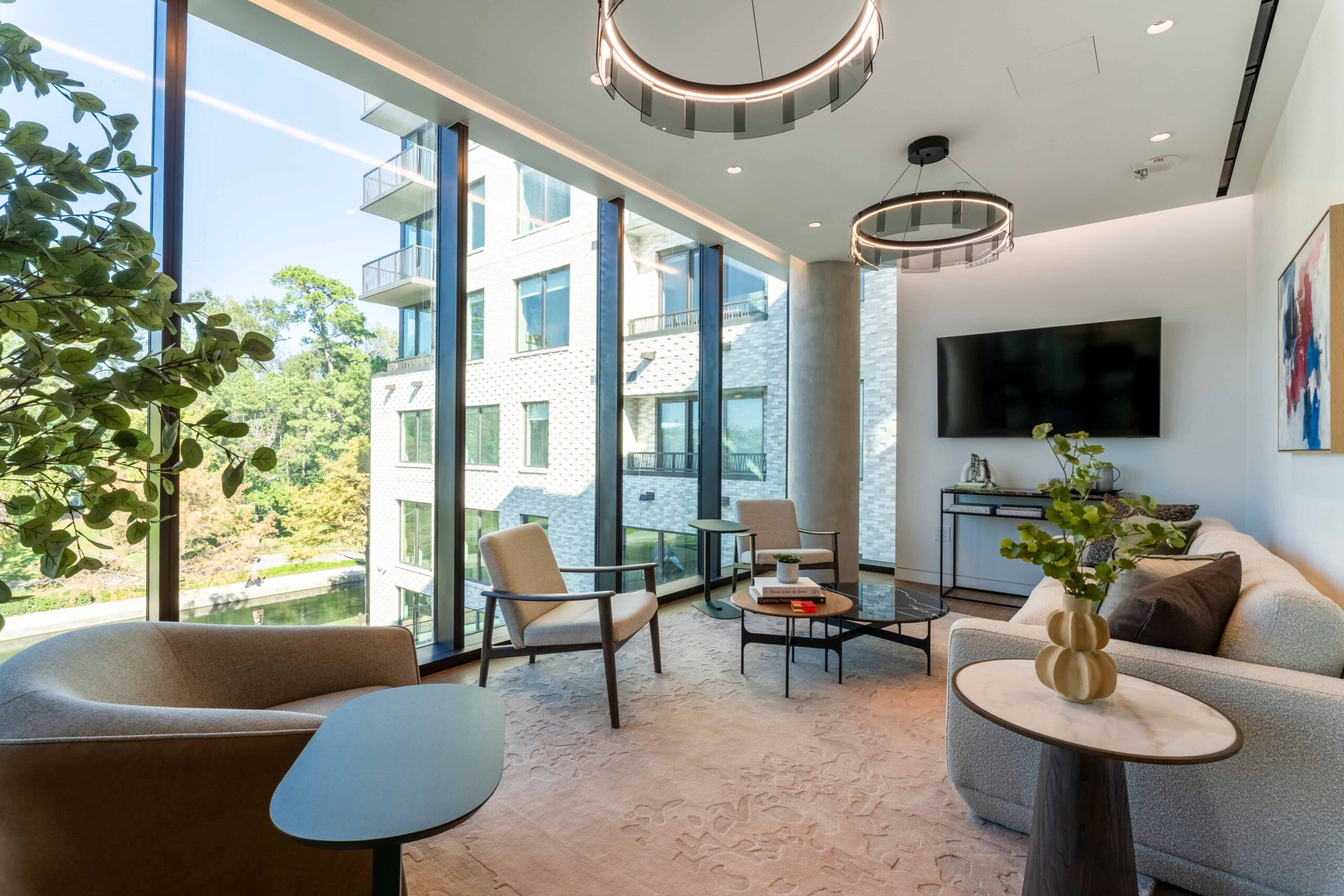 Modern lounge with large windows