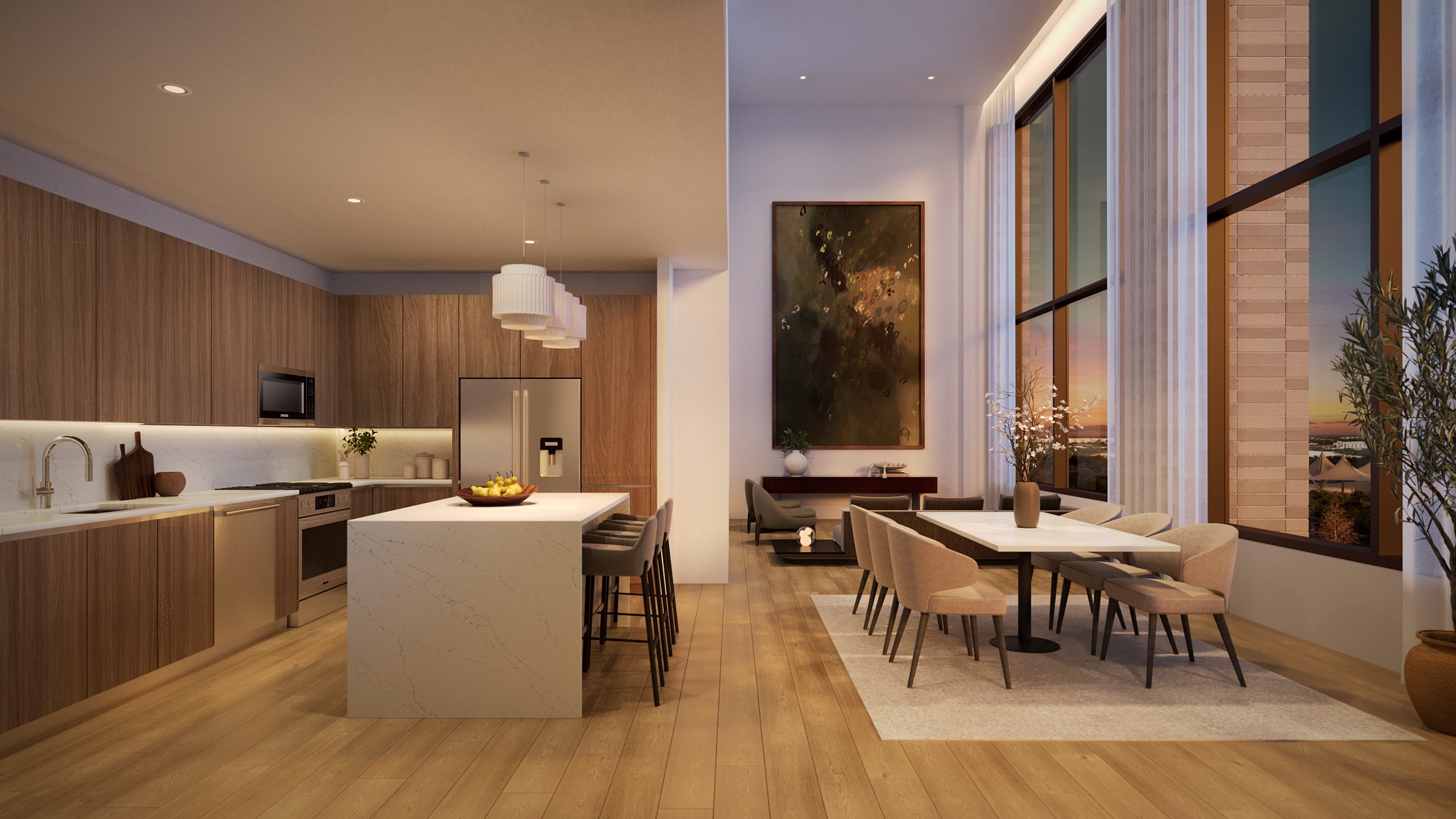 a room with a kitchen and dining area