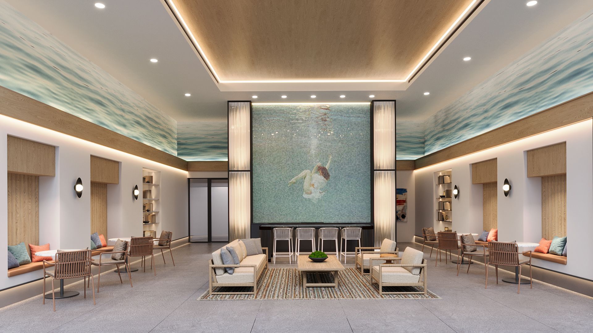 a room with a large wall and a large picture of a woman swimming in the water