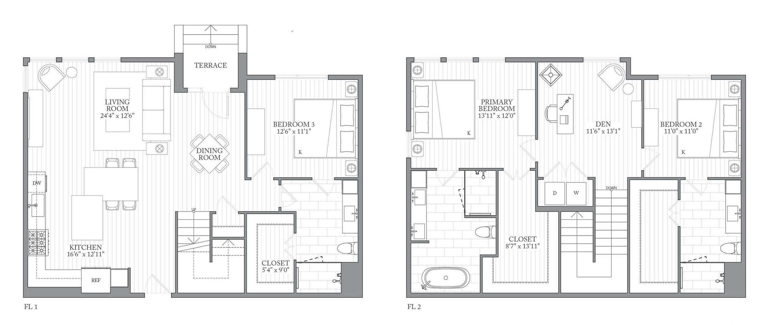A 3D image of the 3L floorplan, a 2010 squarefoot, 3 bed / 3 bath unit