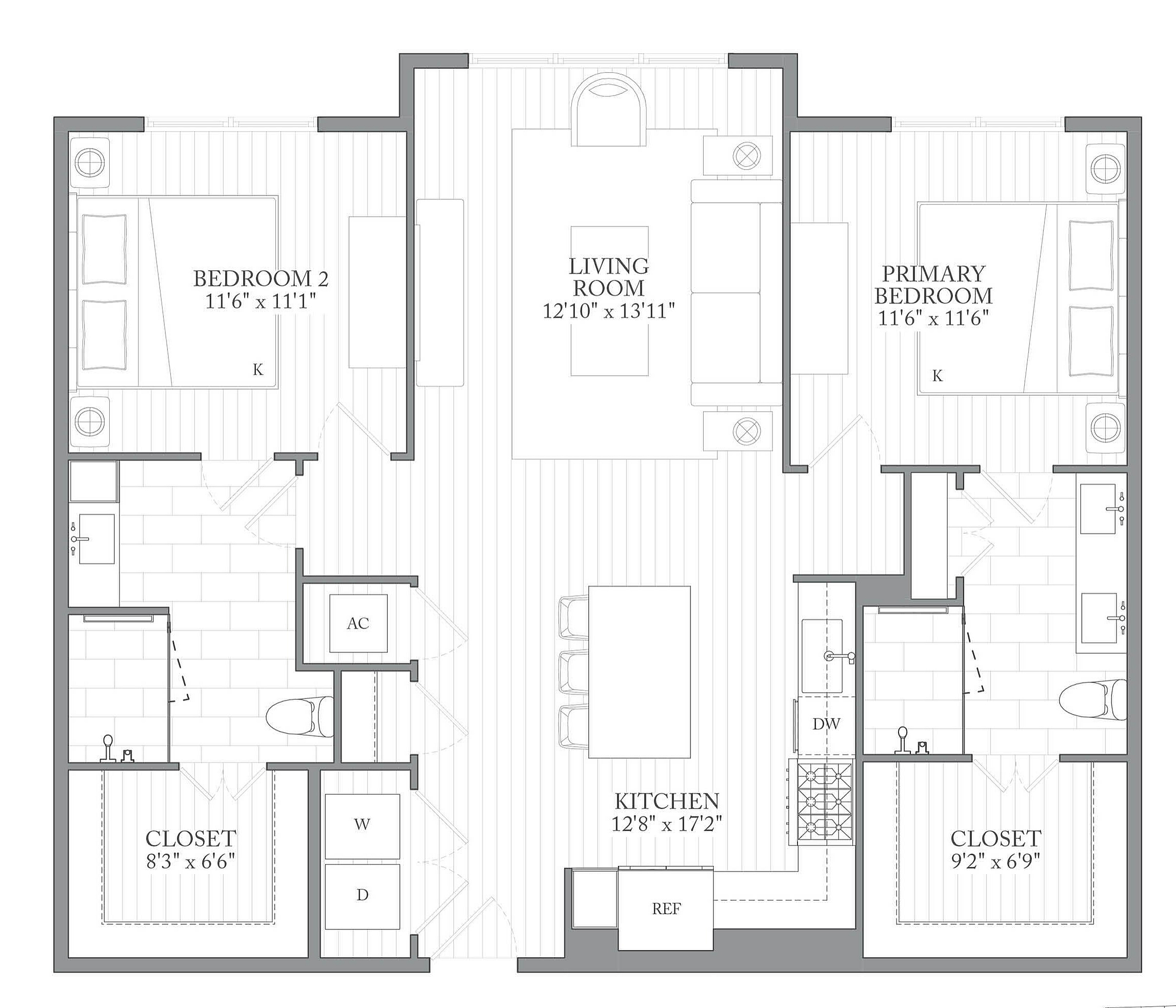A 3D image of the 2U floorplan, a 1182 squarefoot, 2 bed / 2 bath unit