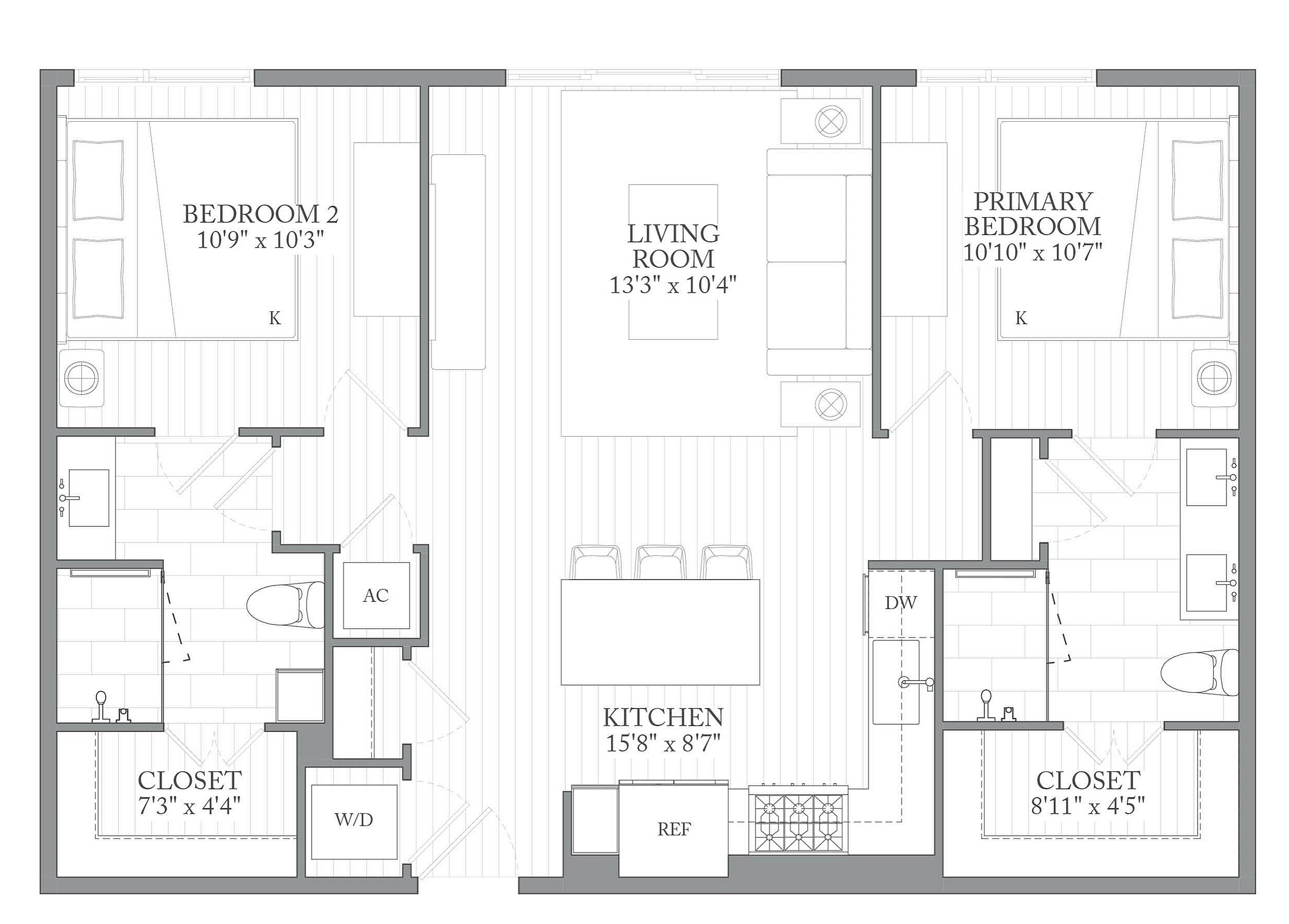 A 3D image of the 2S floorplan, a 1107 squarefoot, 2 bed / 2 bath unit