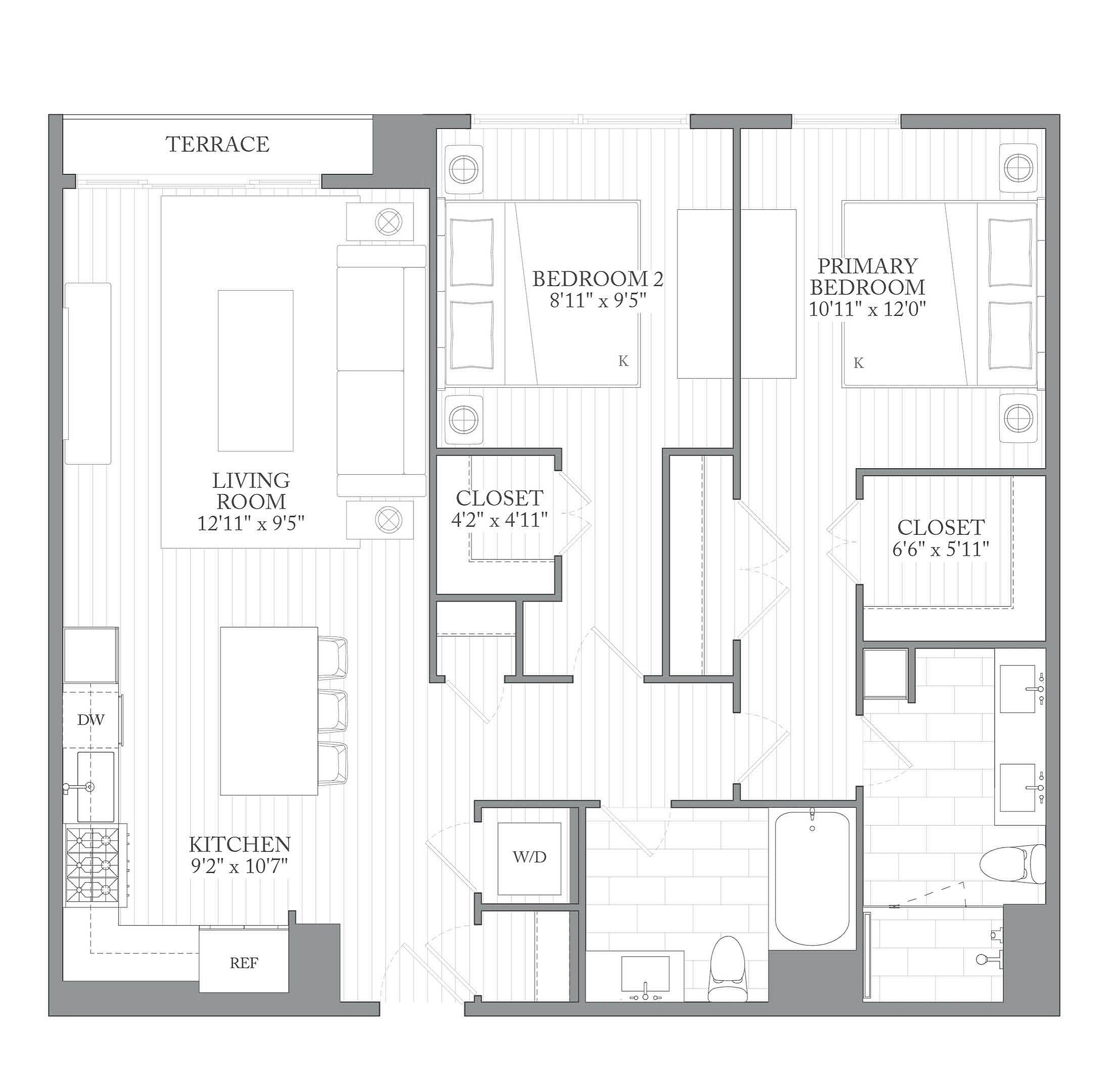 A 3D image of the 2B floorplan, a 1162 squarefoot, 2 bed / 2 bath unit