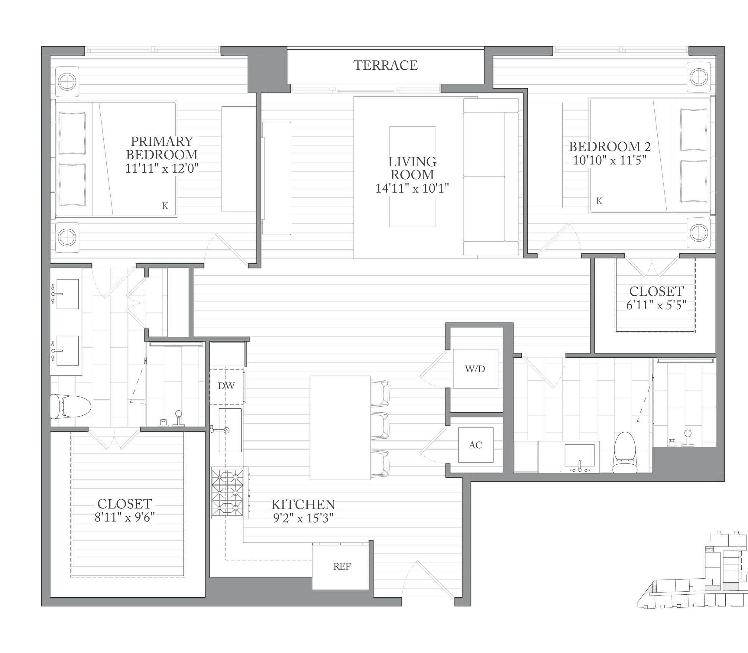 A 3D image of the 2A floorplan, a 1155 squarefoot, 2 bed / 2 bath unit