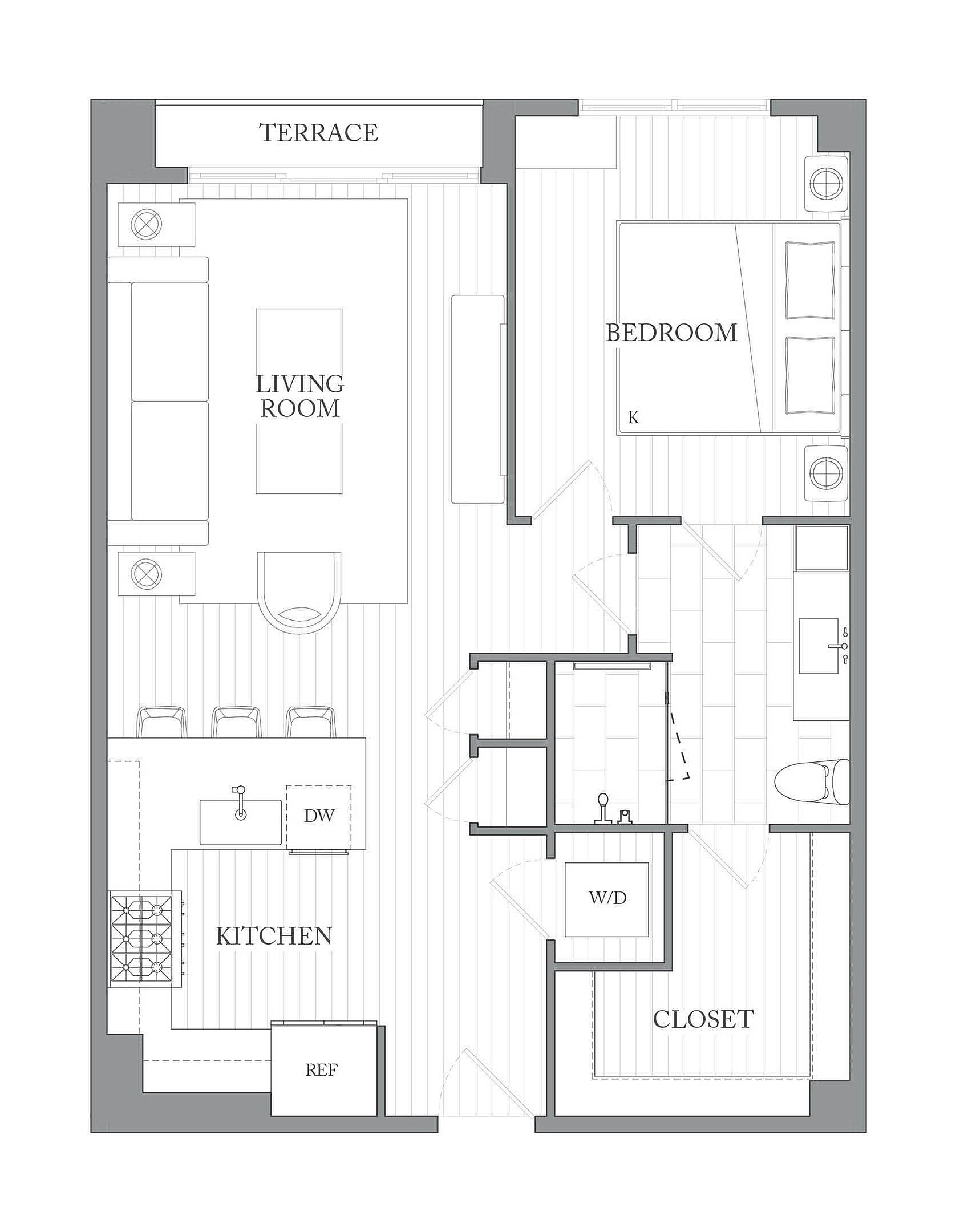 A 3D image of the 1B floorplan, a 767 squarefoot, 1 bed / 1 bath unit