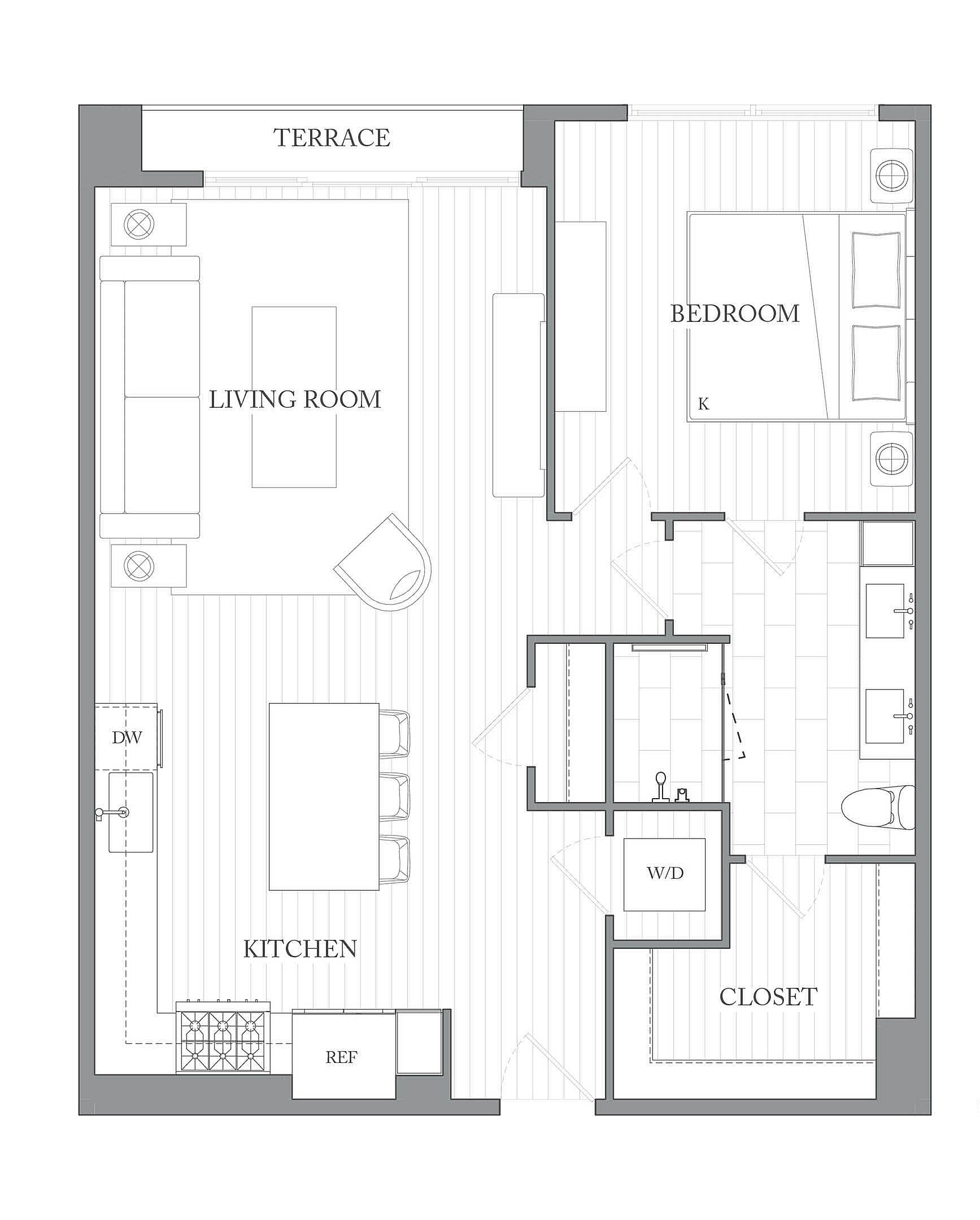A 3D image of the 1C floorplan, a 876 squarefoot, 1 bed / 1 bath unit