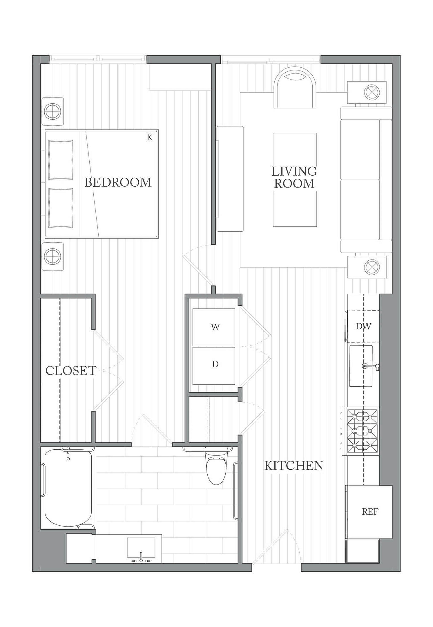 A 3D image of the 1J floorplan, a 735 squarefoot, 1 bed / 1 bath unit
