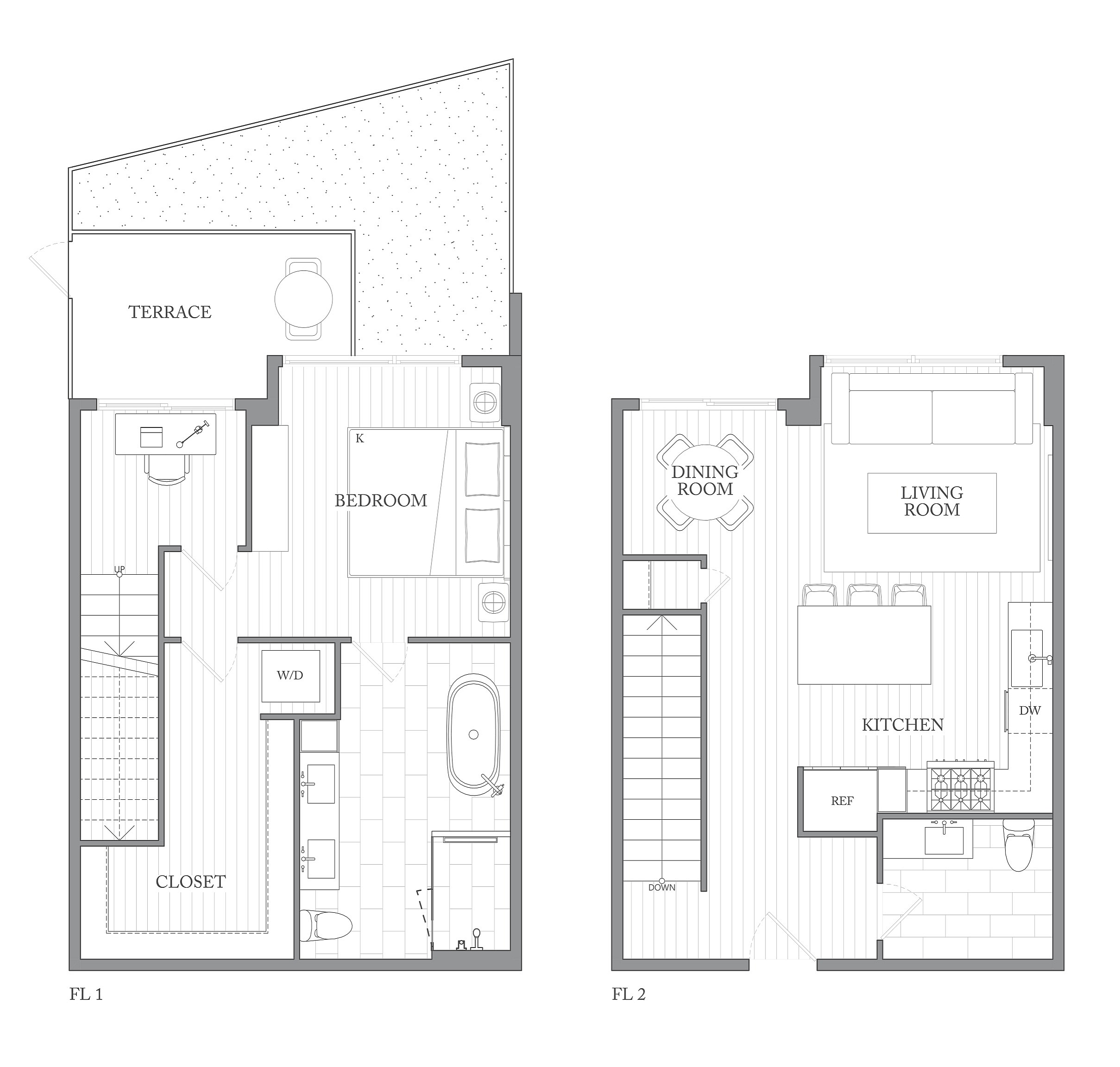 A 3D image of the 1L floorplan, a 1048 squarefoot, 1 bed / 1 bath unit