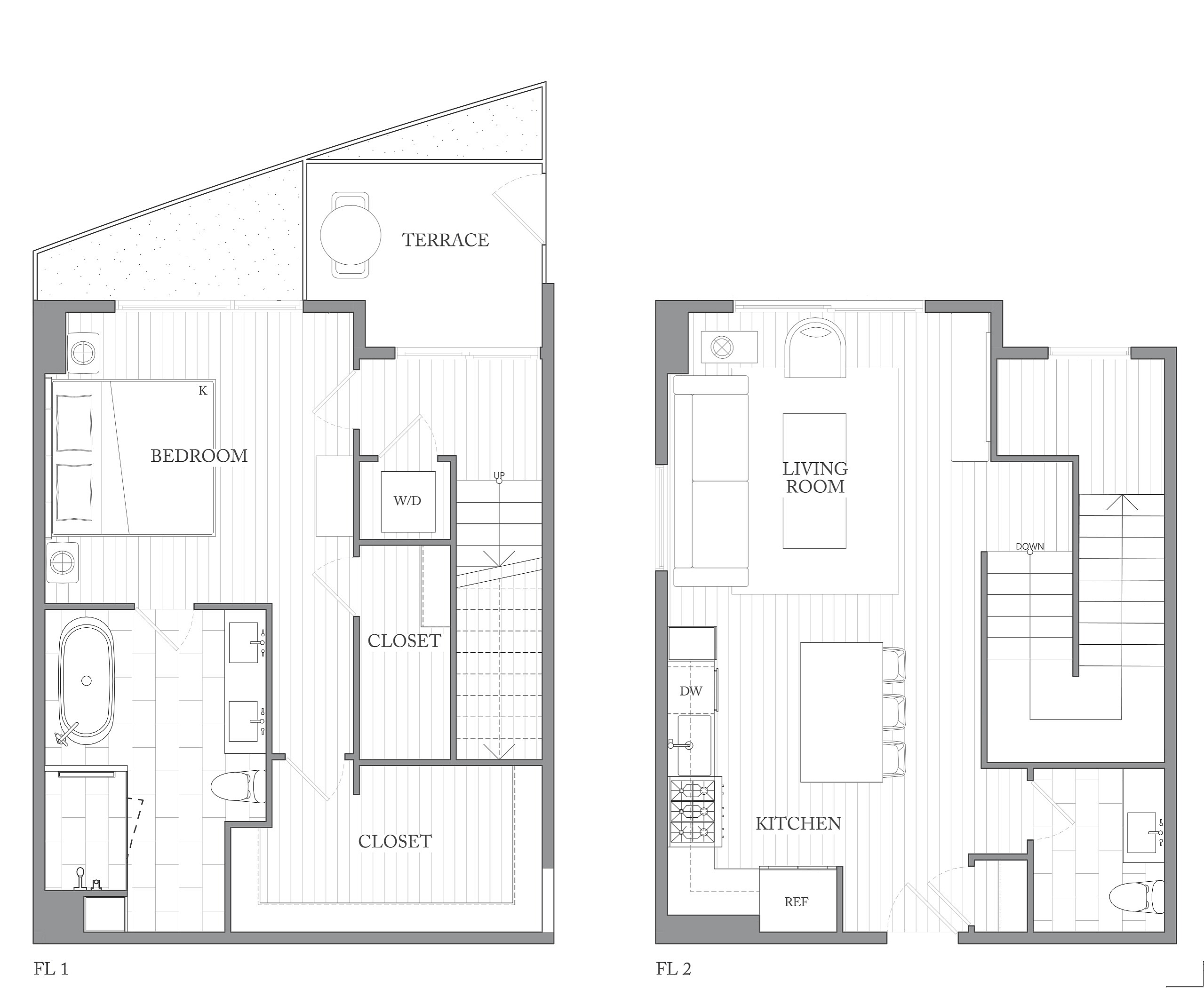 A 3D image of the 1M floorplan, a 1127 squarefoot, 1 bed / 1 bath unit