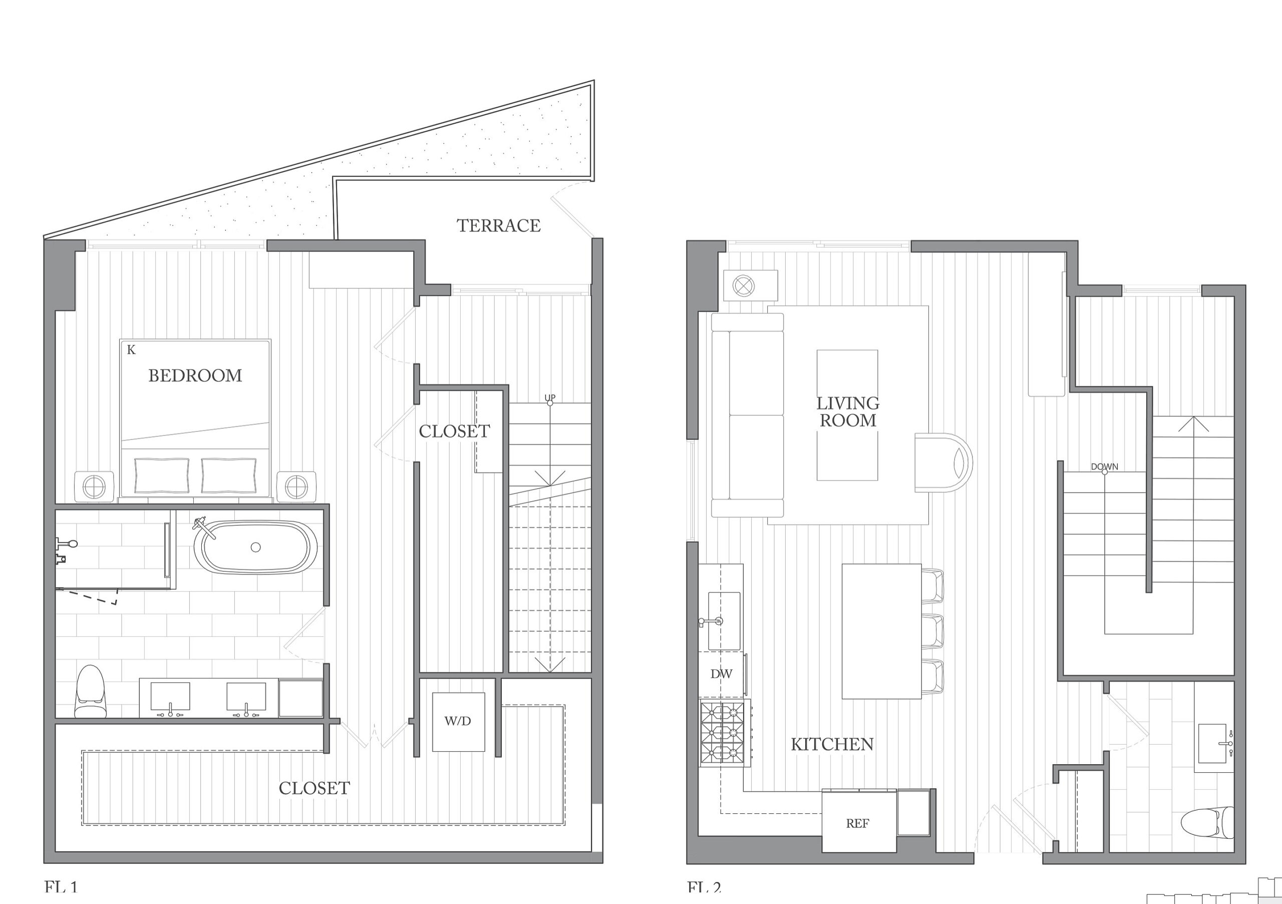A 3D image of the 1N floorplan, a 1271 squarefoot, 1 bed / 1 bath unit
