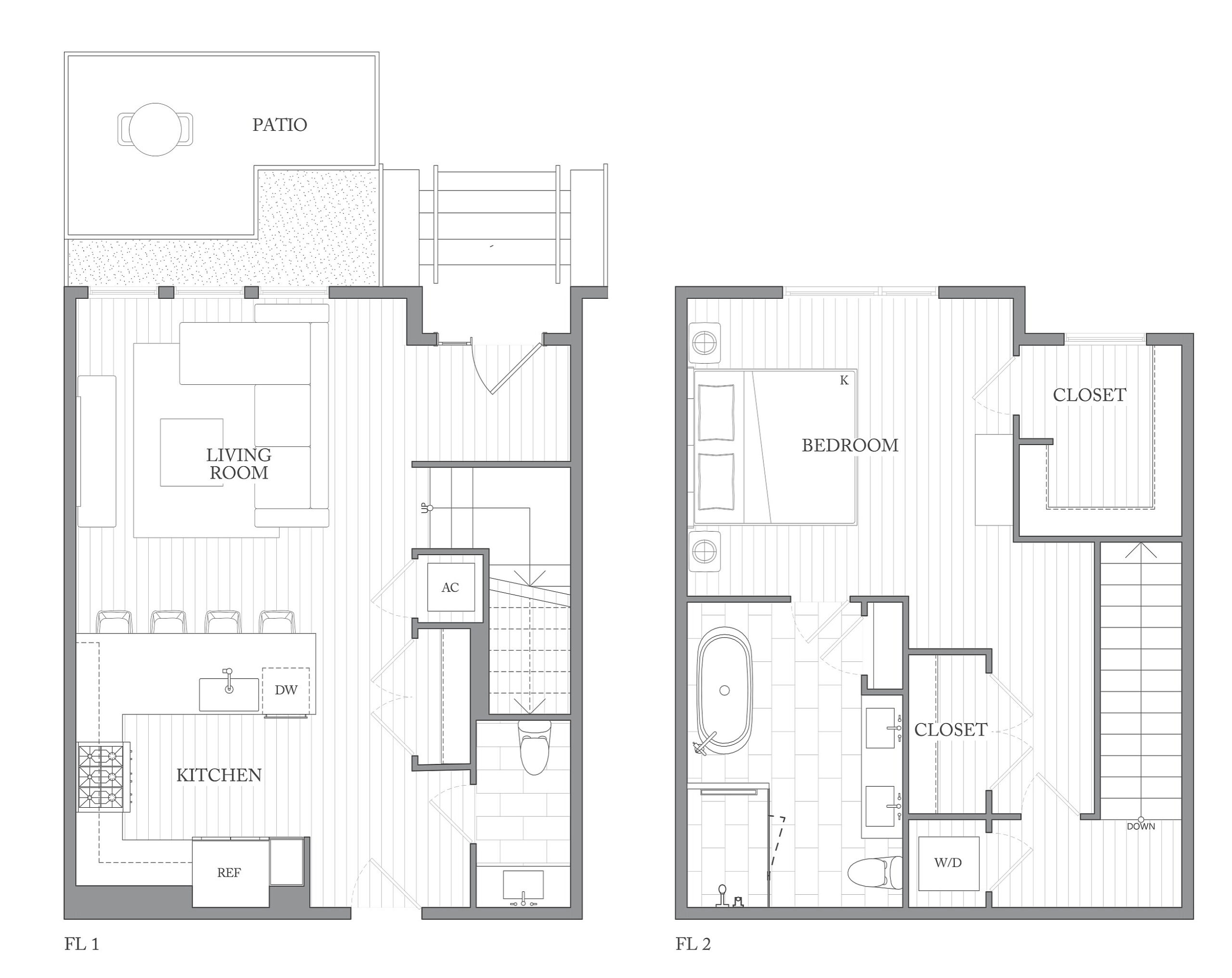 A 3D image of the 1P floorplan, a 1172 squarefoot, 1 bed / 1 bath unit