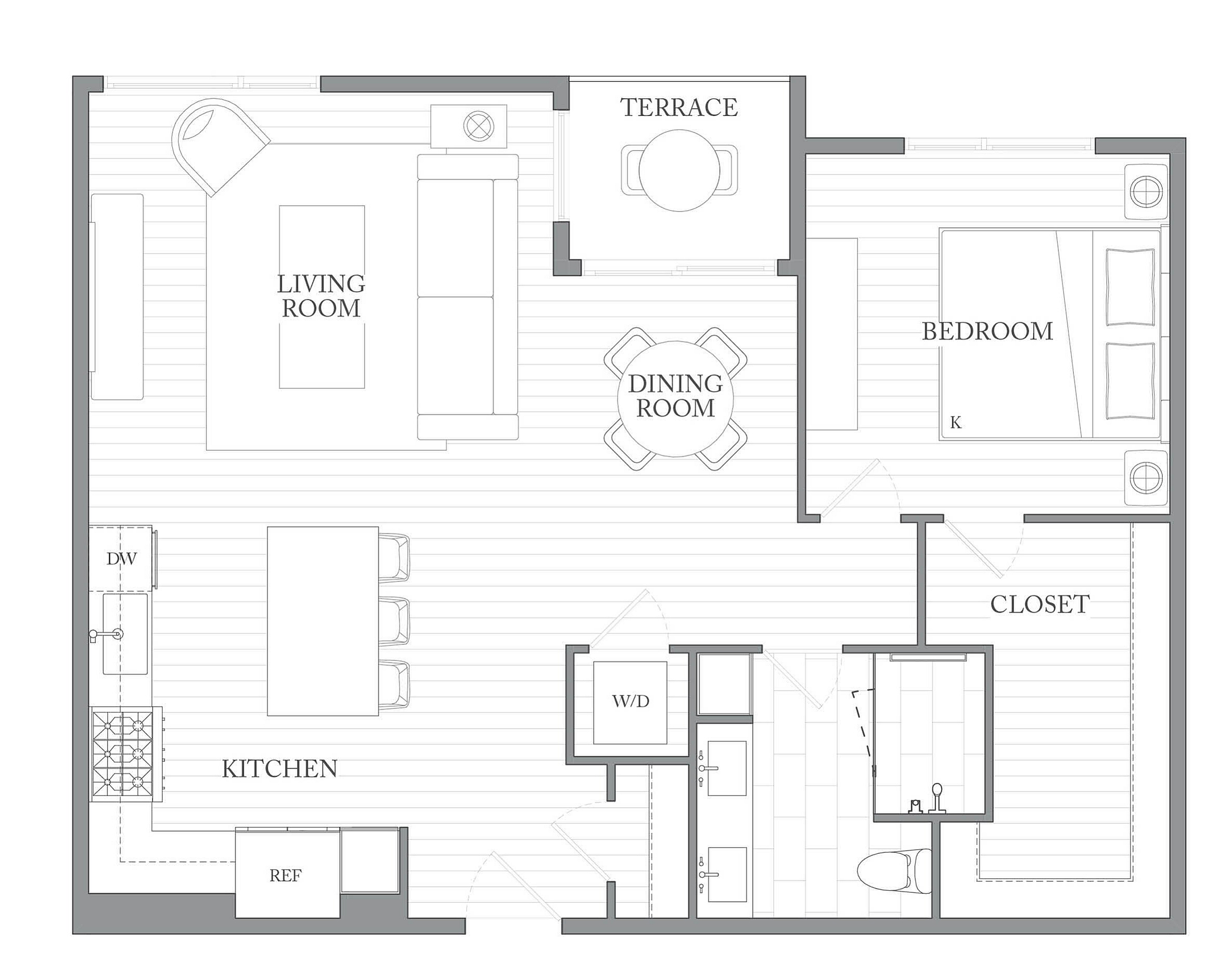 A 3D image of the 1Q floorplan, a 917 squarefoot, 1 bed / 1 bath unit