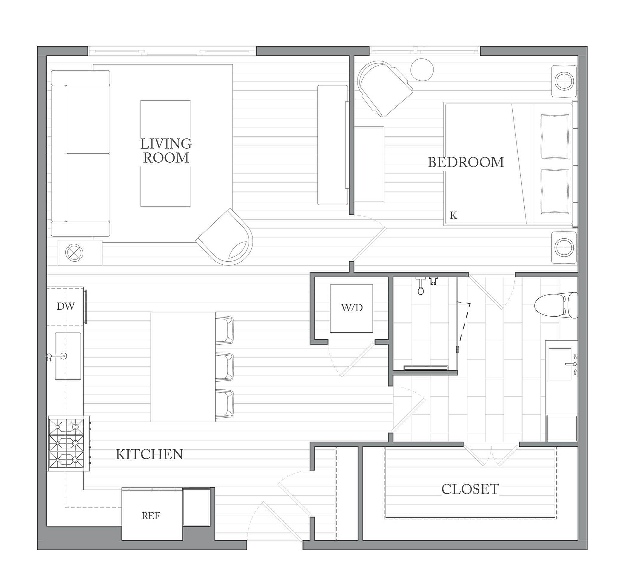A 3D image of the 1R floorplan, a 818 squarefoot, 1 bed / 1 bath unit