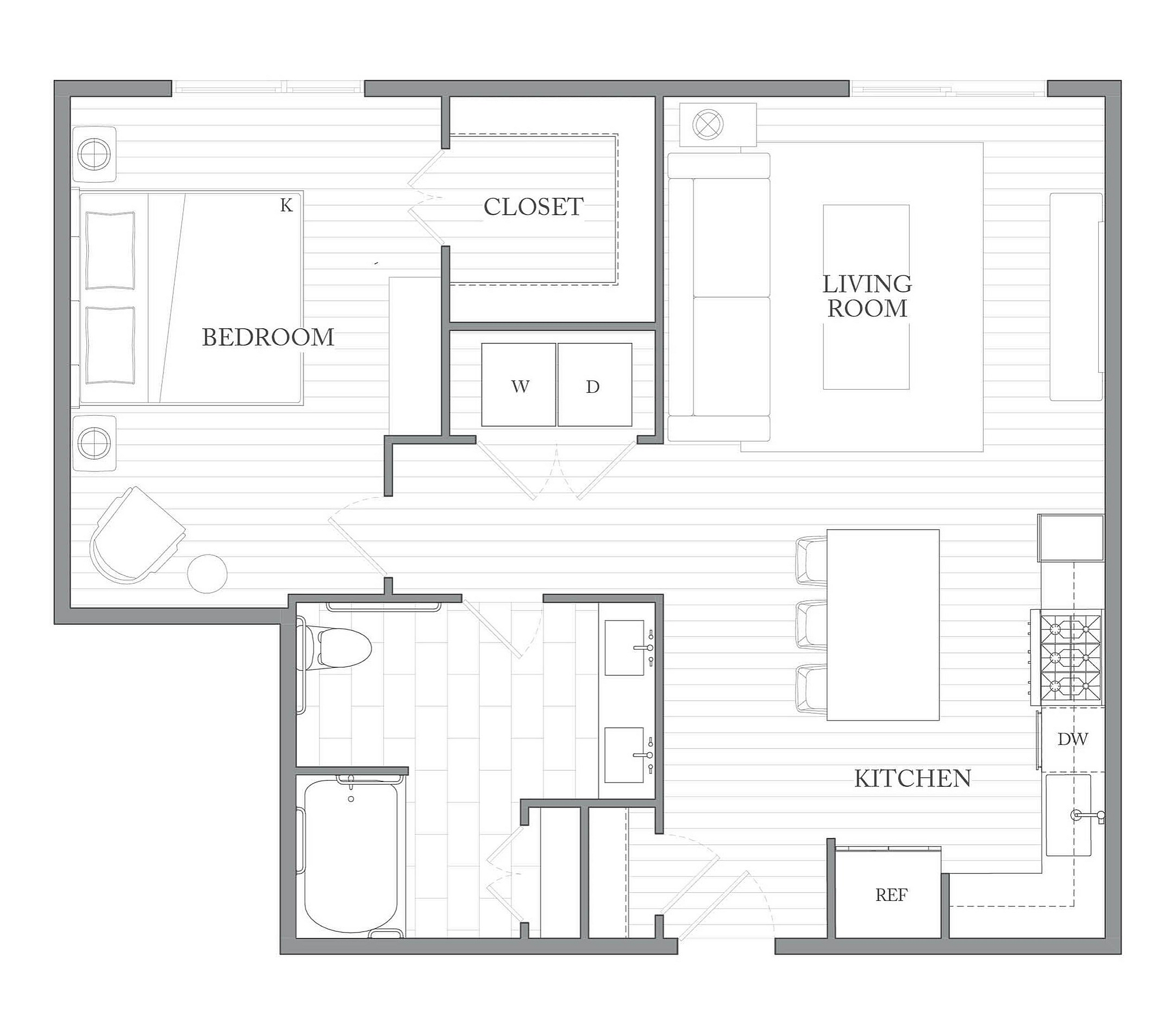 A 3D image of the 1S floorplan, a 837 squarefoot, 1 bed / 1 bath unit