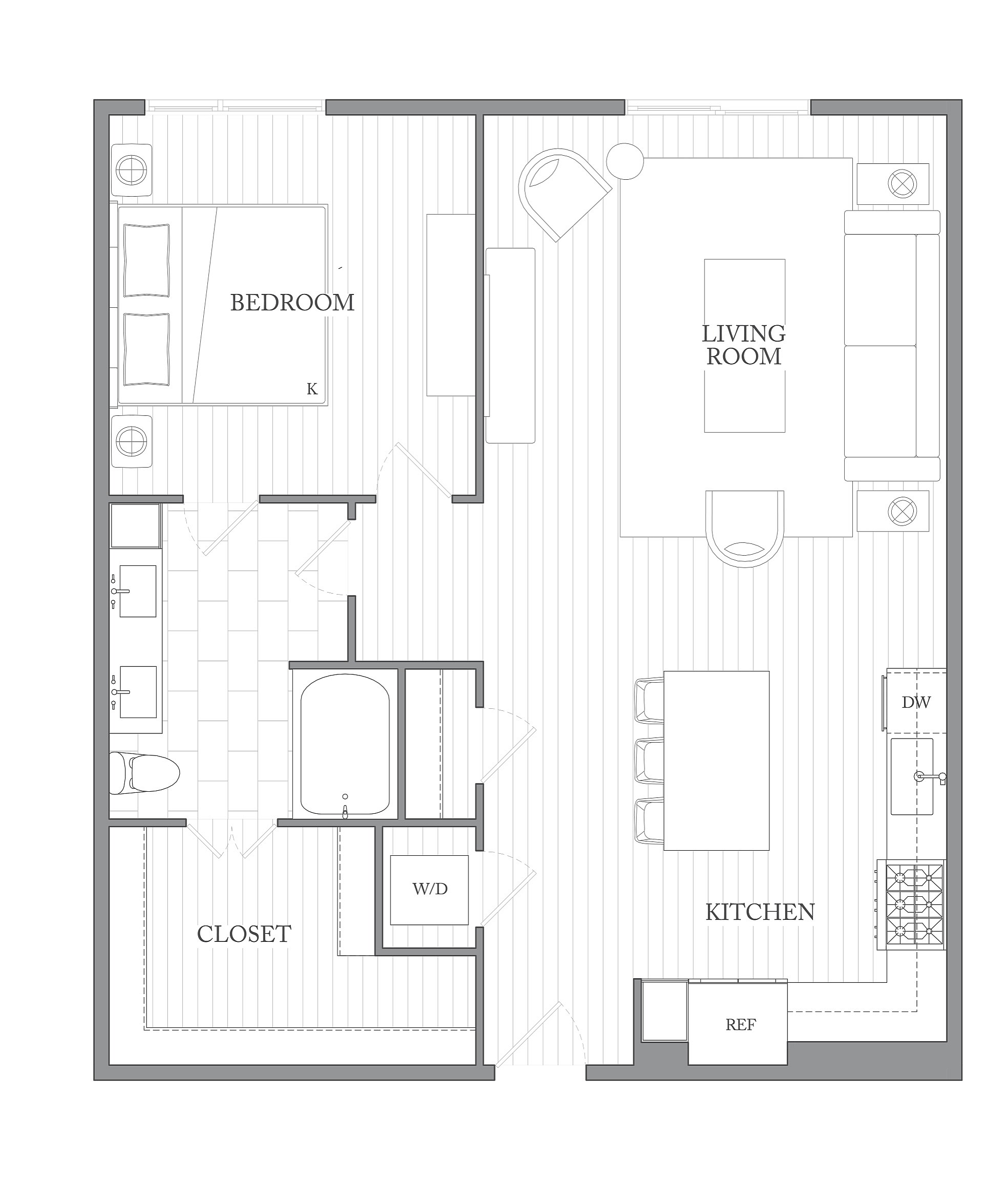 A 3D image of the 1U floorplan, a 944 squarefoot, 1 bed / 1 bath unit