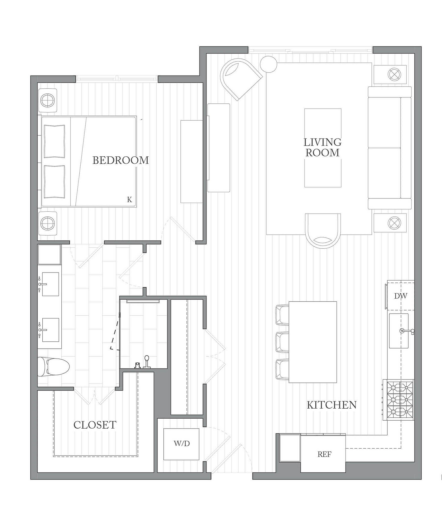 A 3D image of the 1V floorplan, a 900 squarefoot, 1 bed / 1 bath unit