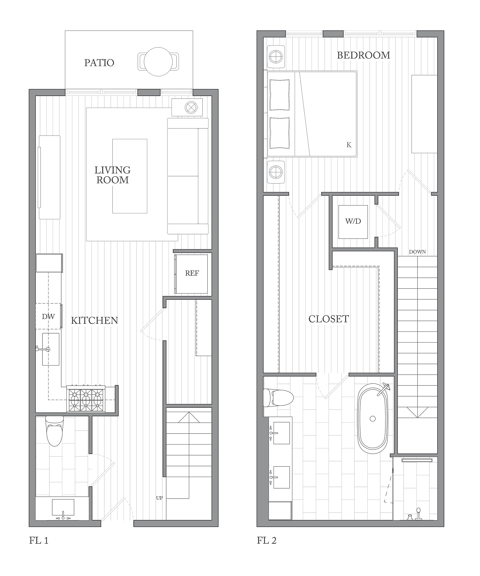 A 3D image of the 1W floorplan, a 994 squarefoot, 1 bed / 1 bath unit