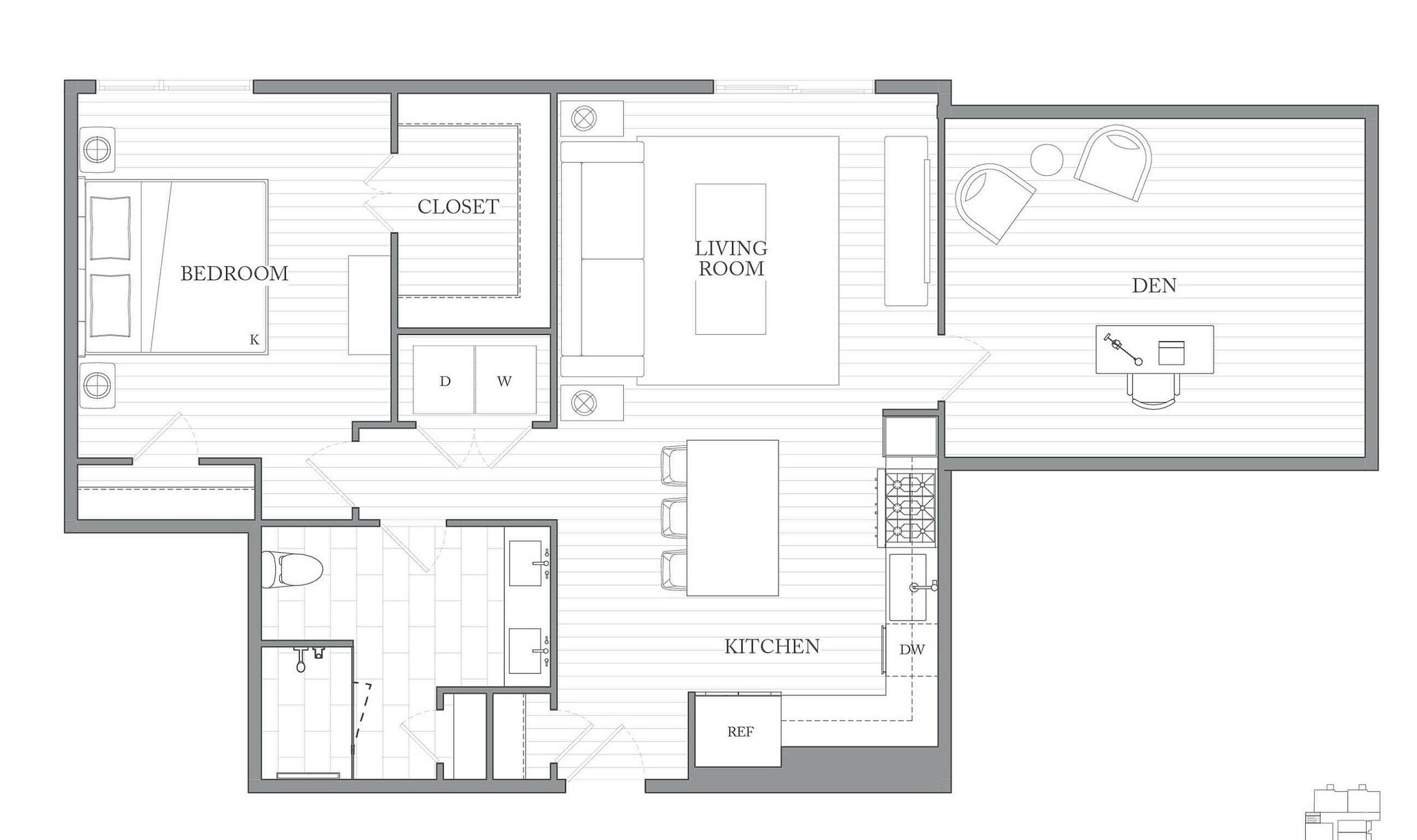 A 3D image of the 1Y floorplan, a 1081 squarefoot, 1 bed / 1 bath unit