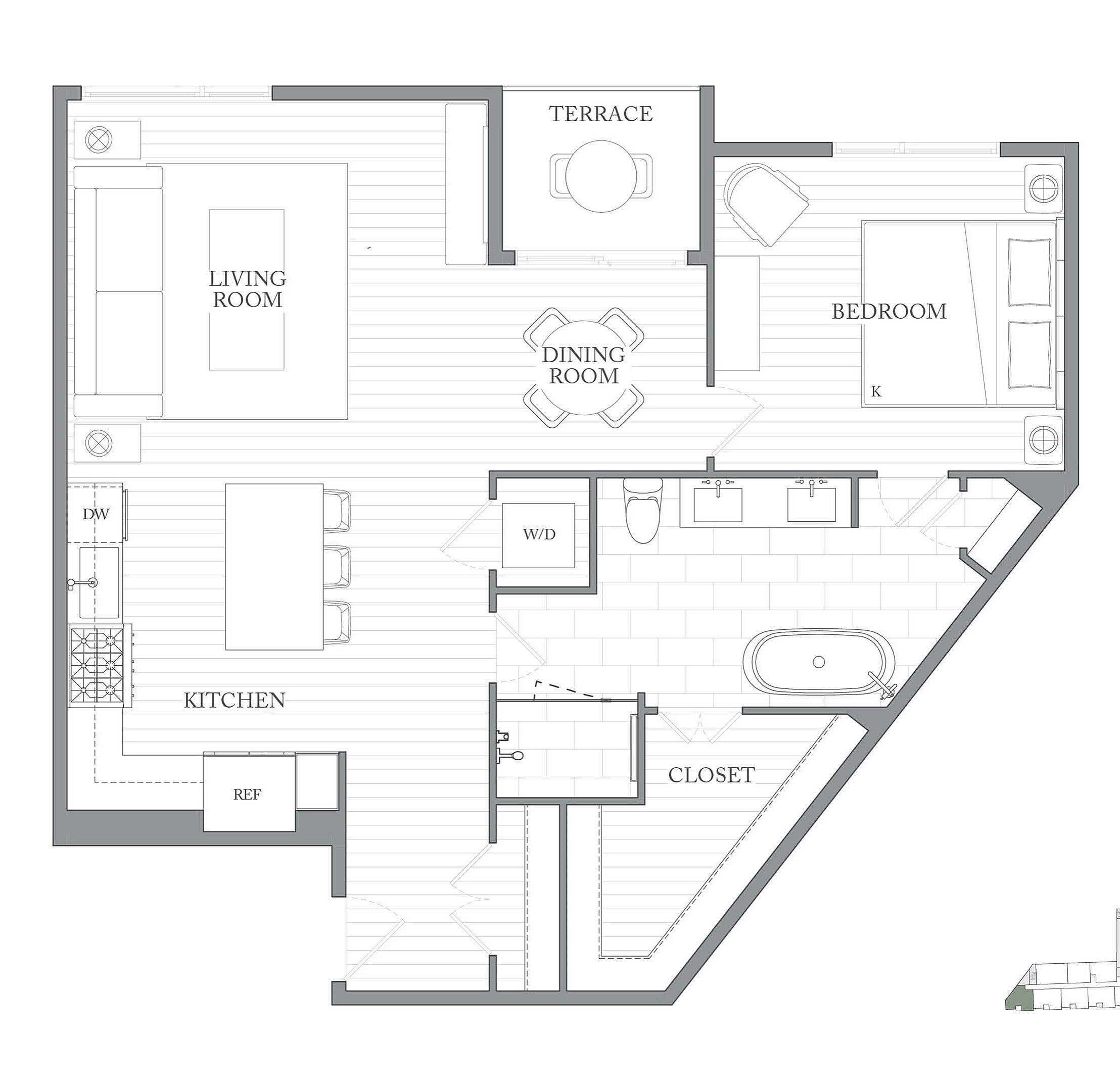 A 3D image of the 1Z floorplan, a 998 squarefoot, 1 bed / 1 bath unit