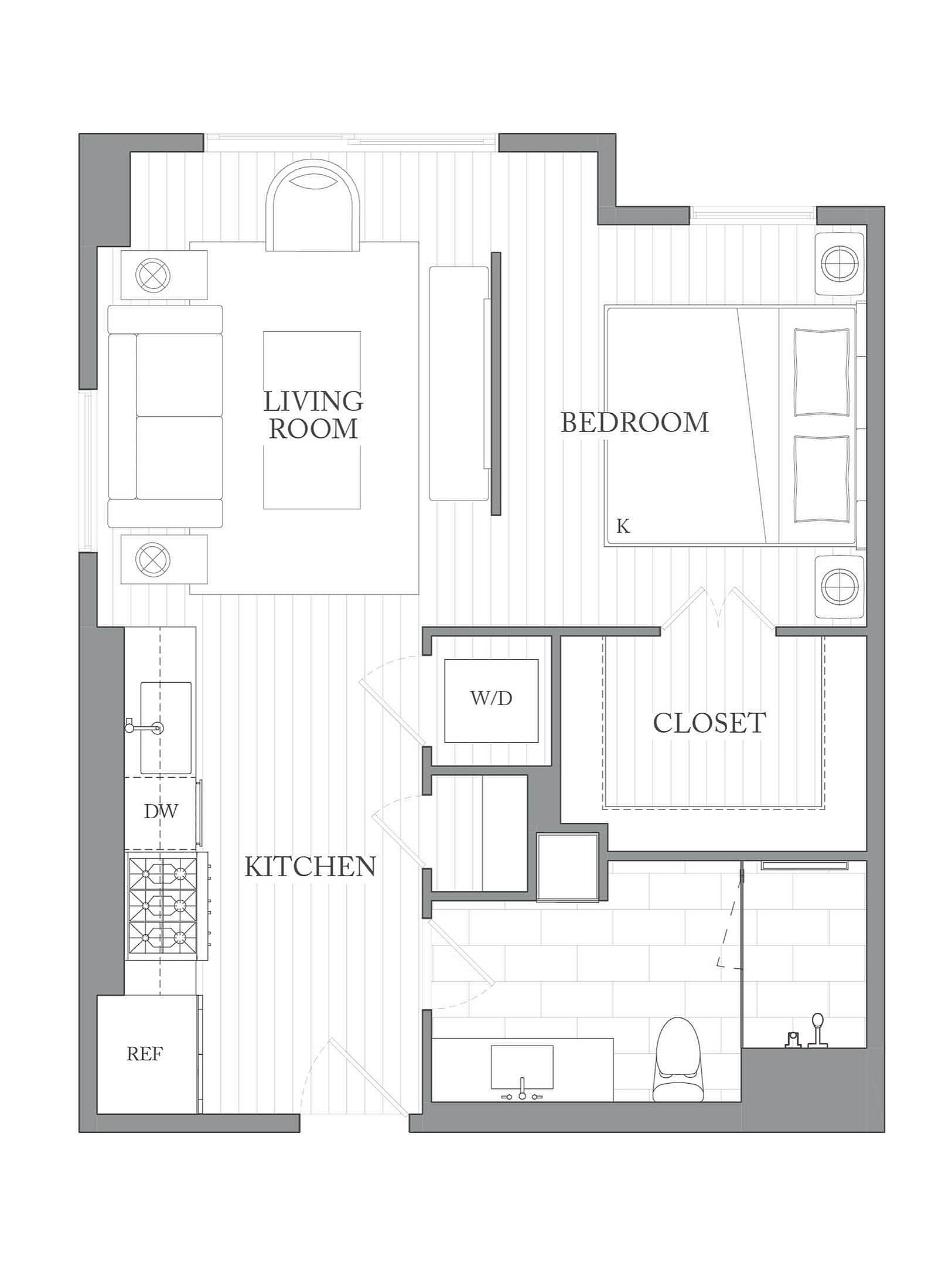 A 3D image of the SM floorplan, a 619 squarefoot, 1 bed / 1 bath unit