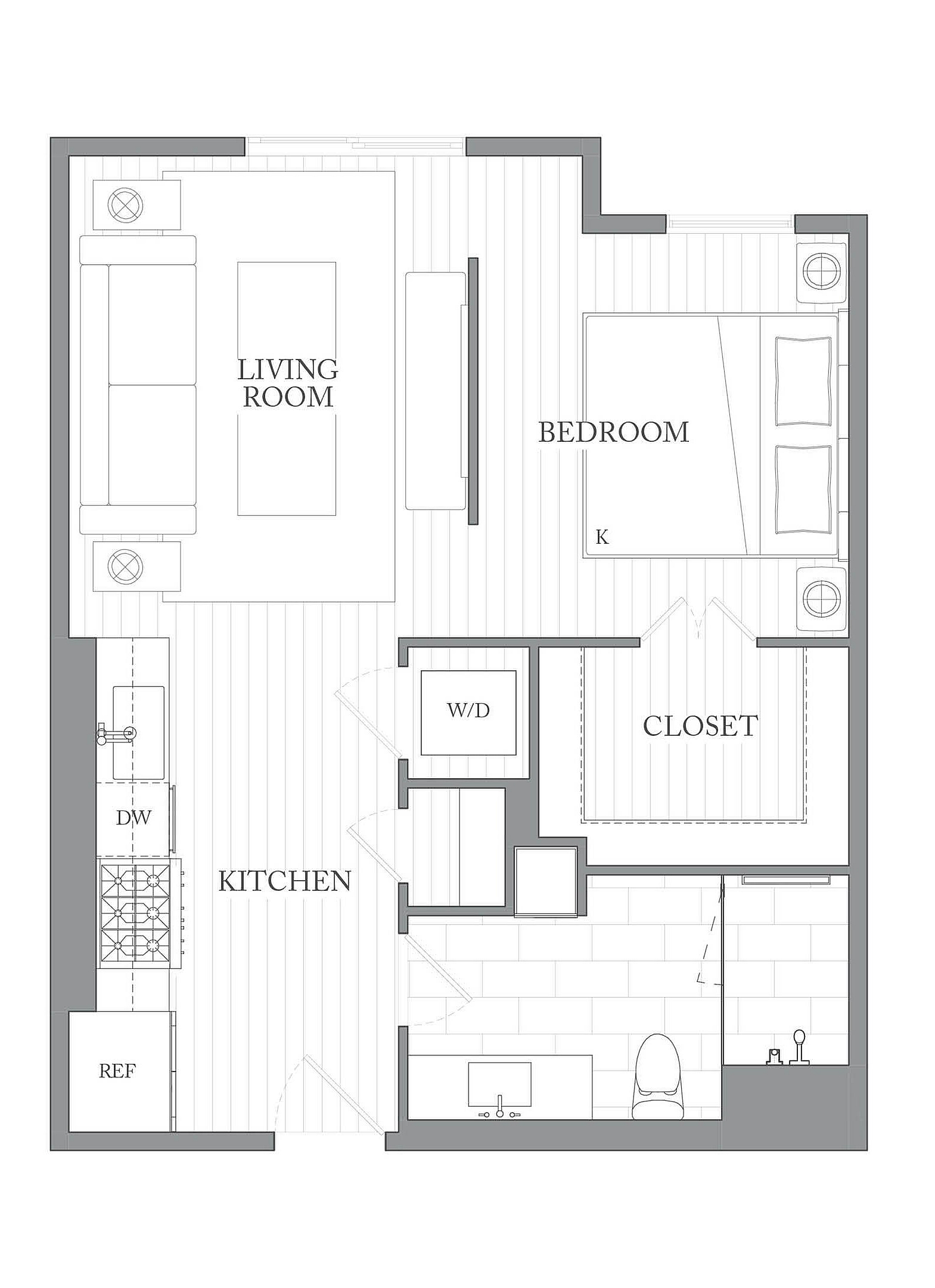 A 3D image of the SP floorplan, a 606 squarefoot, 1 bed / 1 bath unit