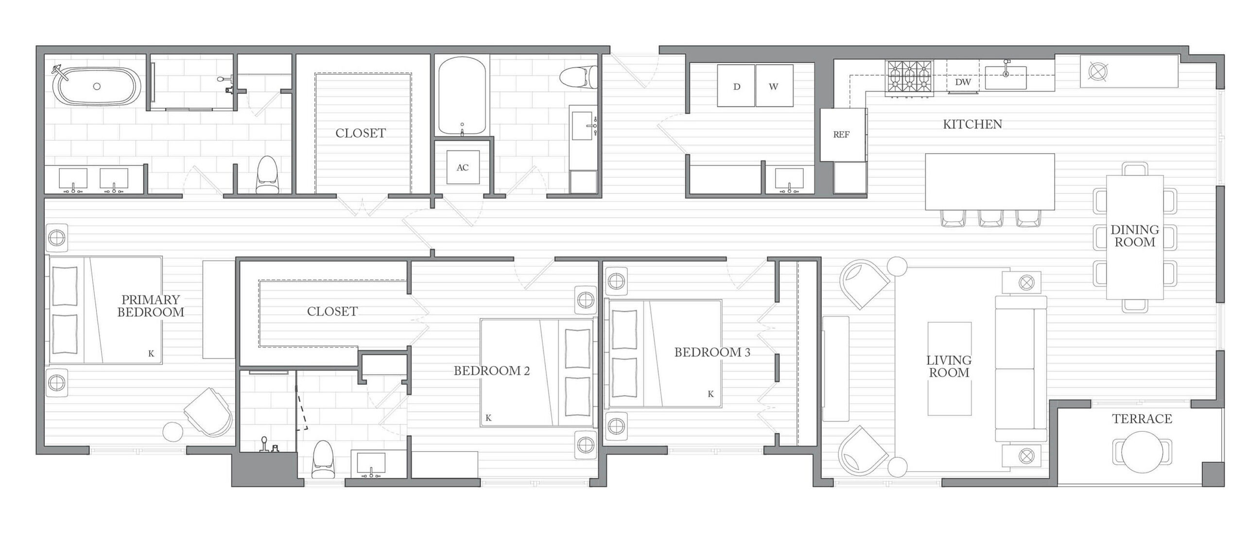 A 3D image of the 3M floorplan, a 1953 squarefoot, 3 bed / 3 bath unit
