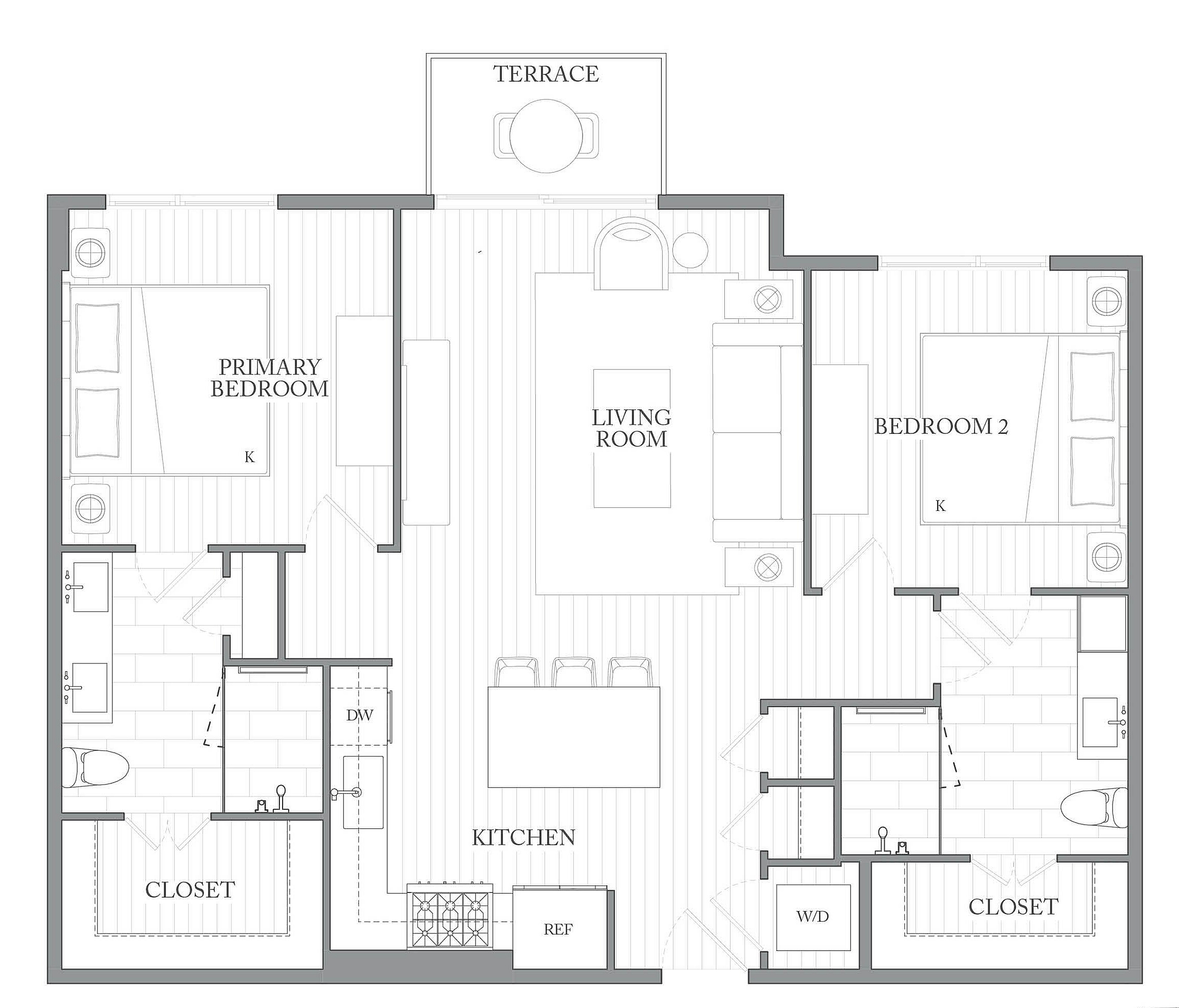 A 3D image of the 2Z floorplan, a 1056 squarefoot, 2 bed / 2 bath unit