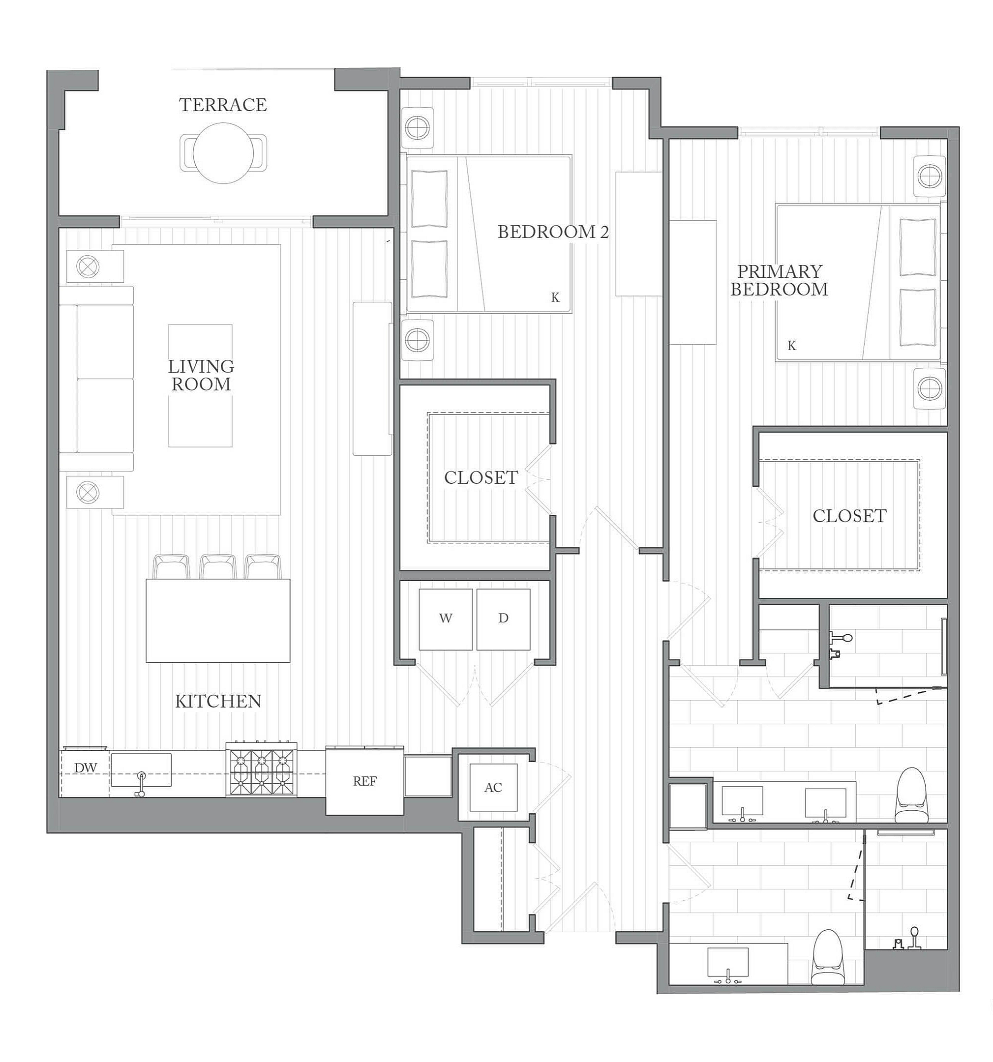 A 3D image of the 2X floorplan, a 1272 squarefoot, 2 bed / 2 bath unit