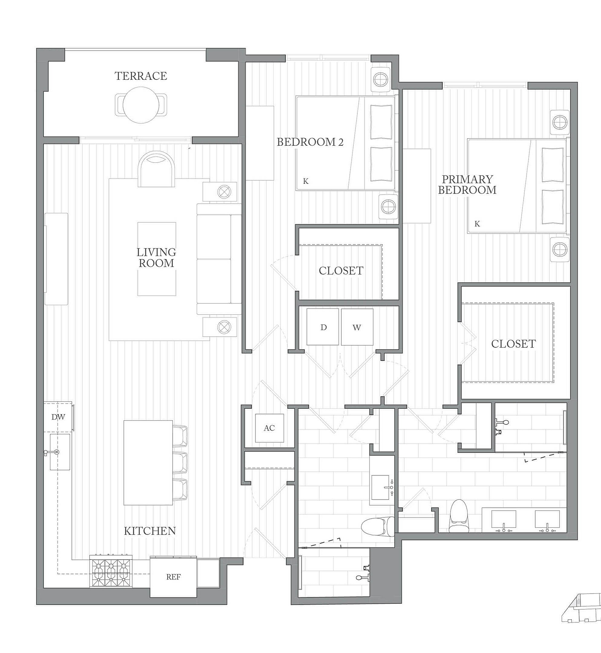 A 3D image of the 2W floorplan, a 1343 squarefoot, 2 bed / 2 bath unit
