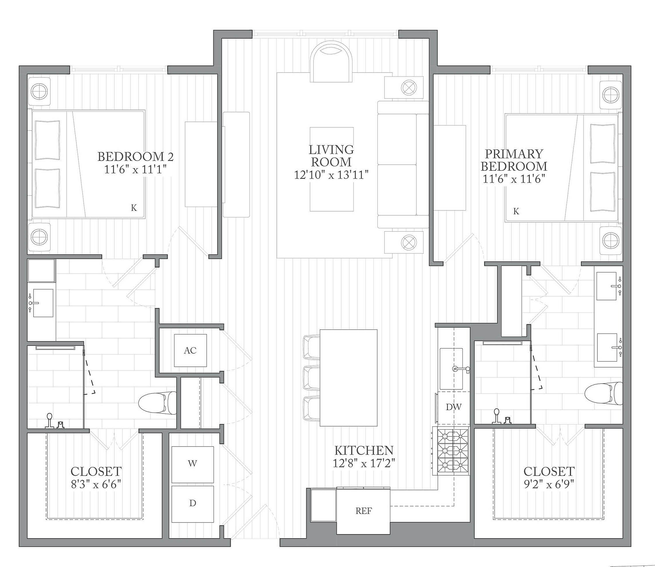 A 3D image of the 2U floorplan, a 1182 squarefoot, 2 bed / 2 bath unit