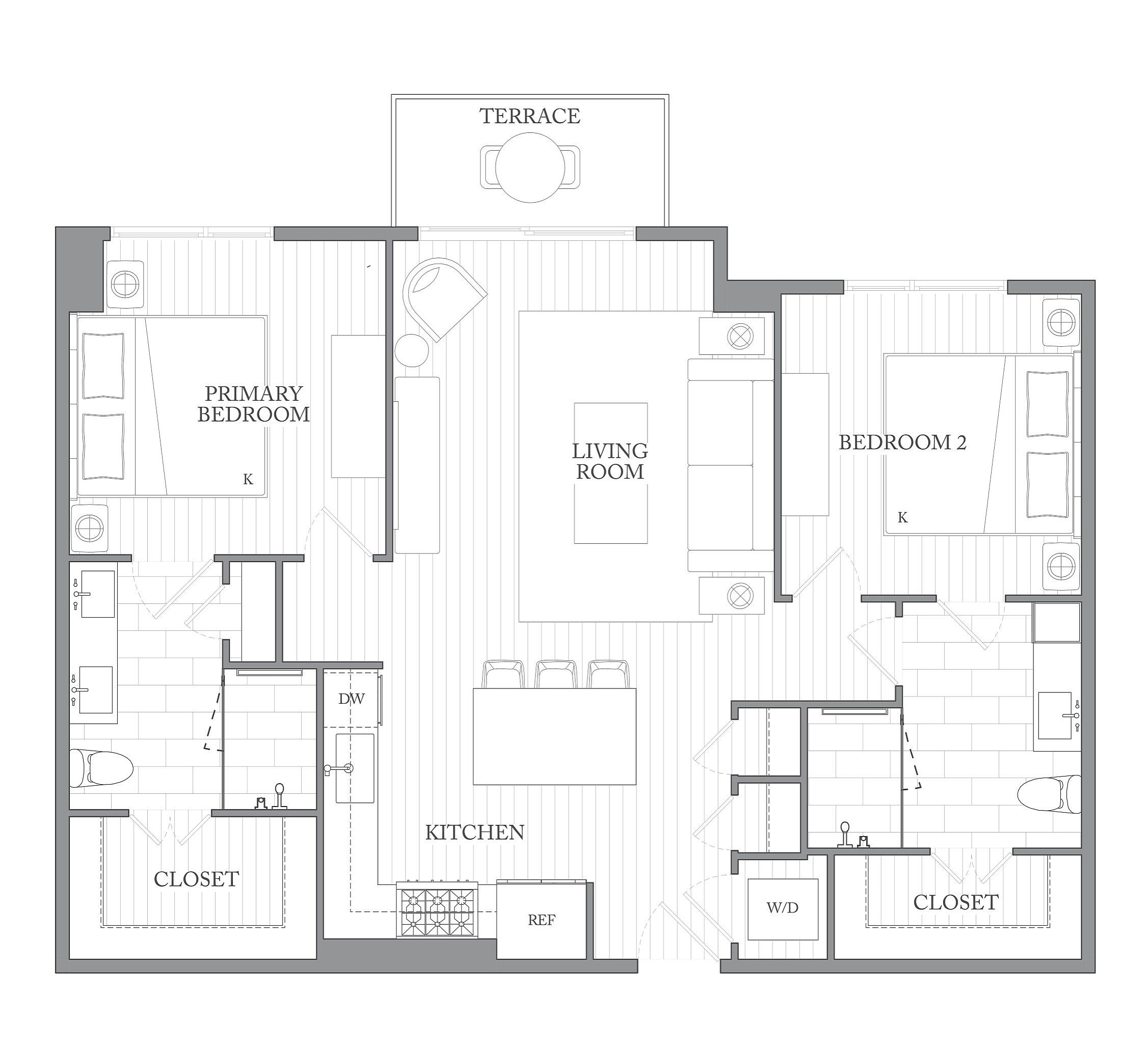 A 3D image of the 2T floorplan, a 1062 squarefoot, 2 bed / 2 bath unit
