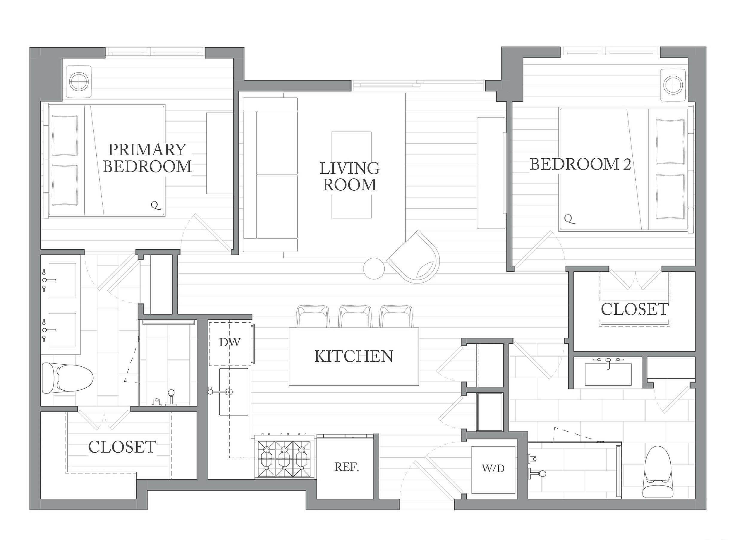 A 3D image of the 2R floorplan, a 1082 squarefoot, 2 bed / 2 bath unit
