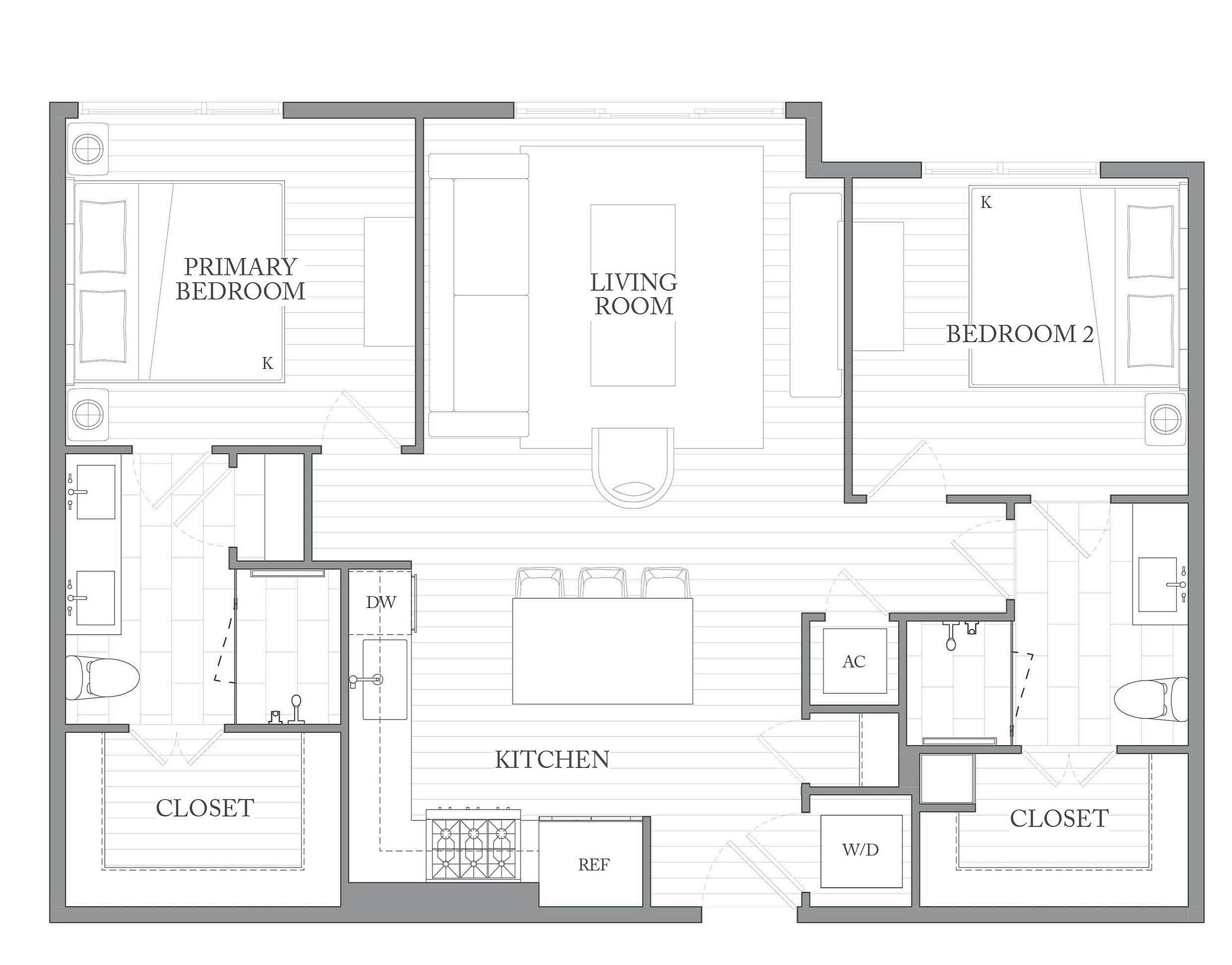 A 3D image of the 2Q floorplan, a 1045 squarefoot, 2 bed / 2 bath unit