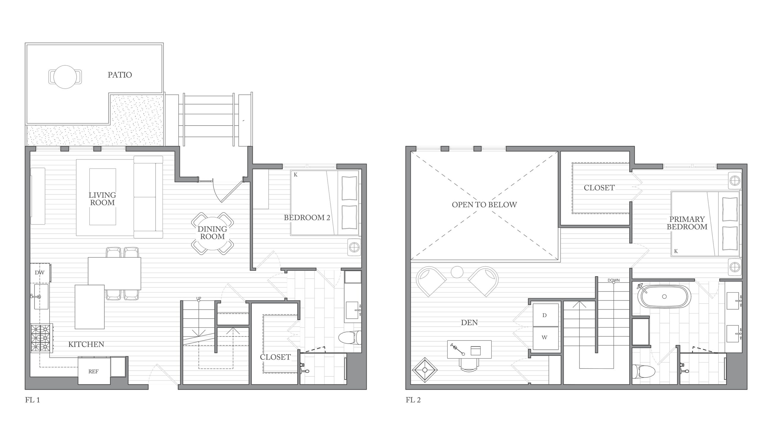 A 3D image of the 2N floorplan, a 1767 squarefoot, 2 bed / 2 bath unit