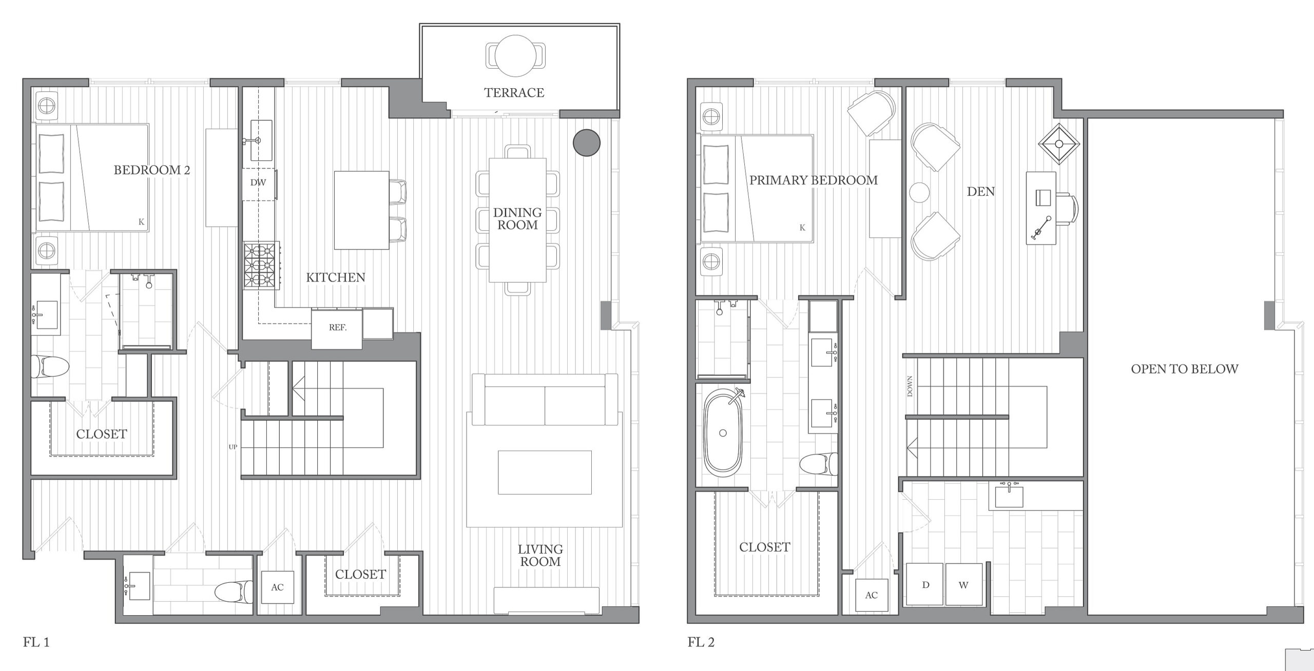 A 3D image of the 2G.2 floorplan, a 2313 squarefoot, 2 bed / 2 bath unit