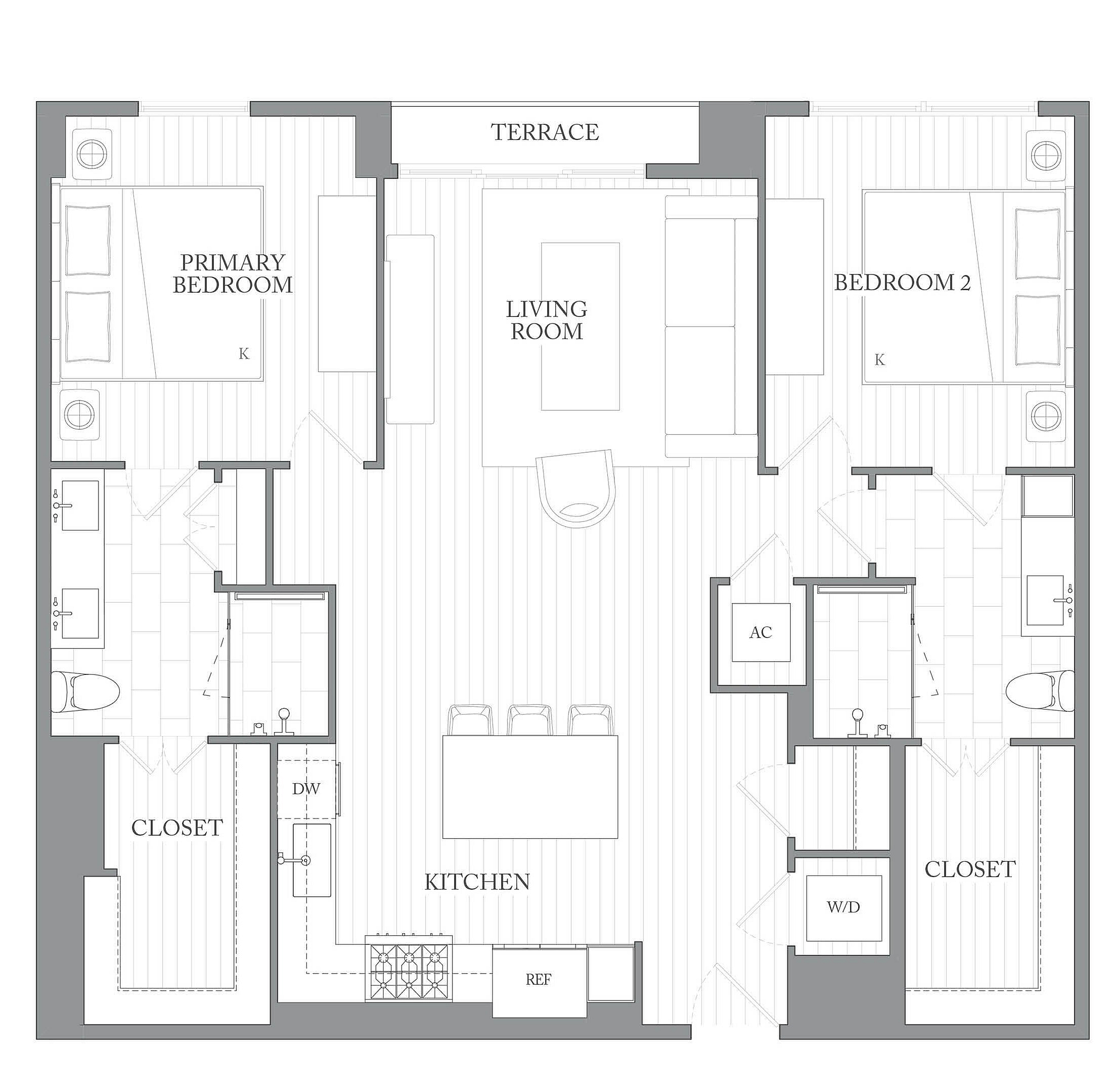A 3D image of the 2E floorplan, a 1147 squarefoot, 2 bed / 2 bath unit