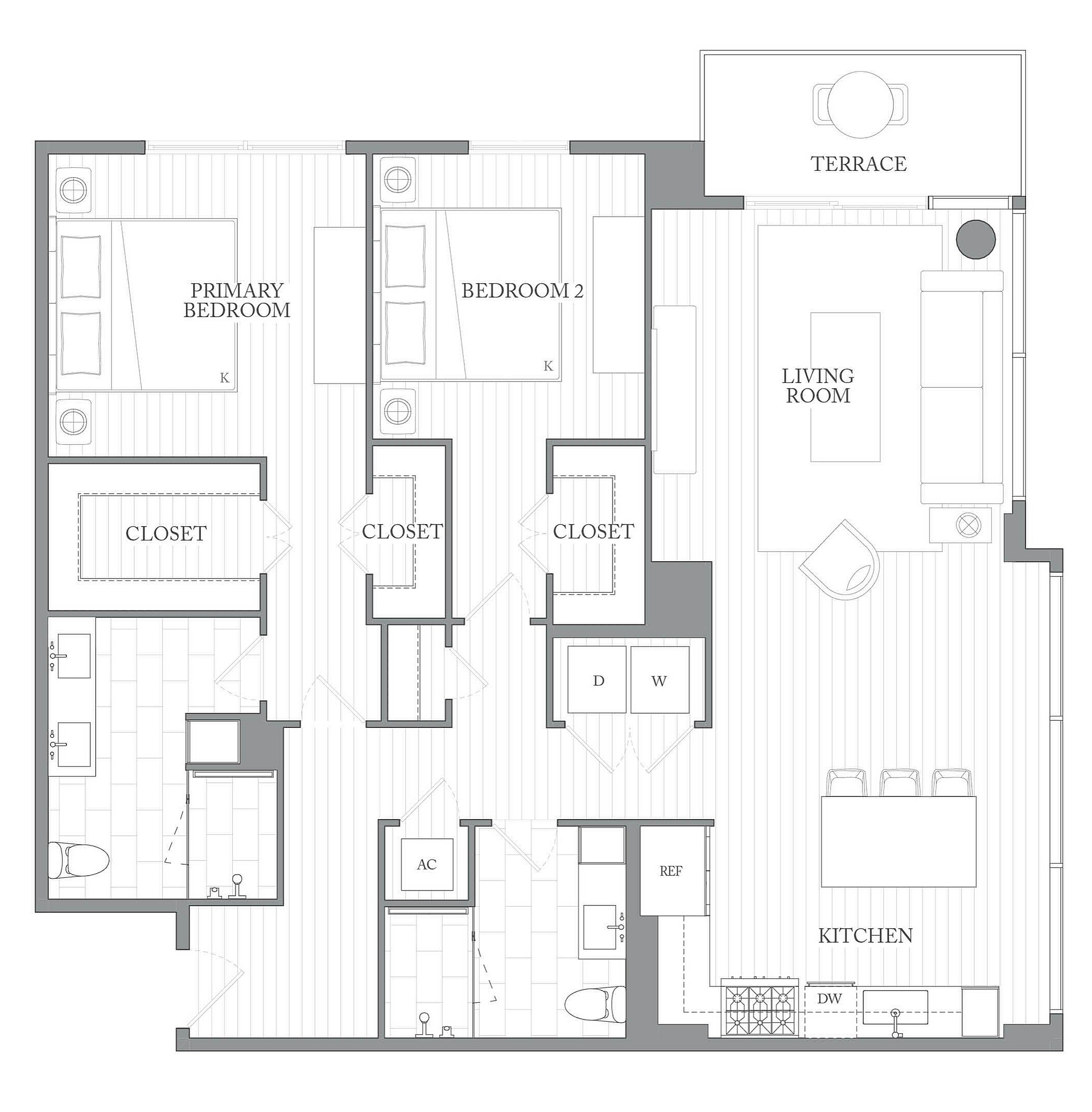 A 3D image of the 2D floorplan, a 1402 squarefoot, 2 bed / 2 bath unit