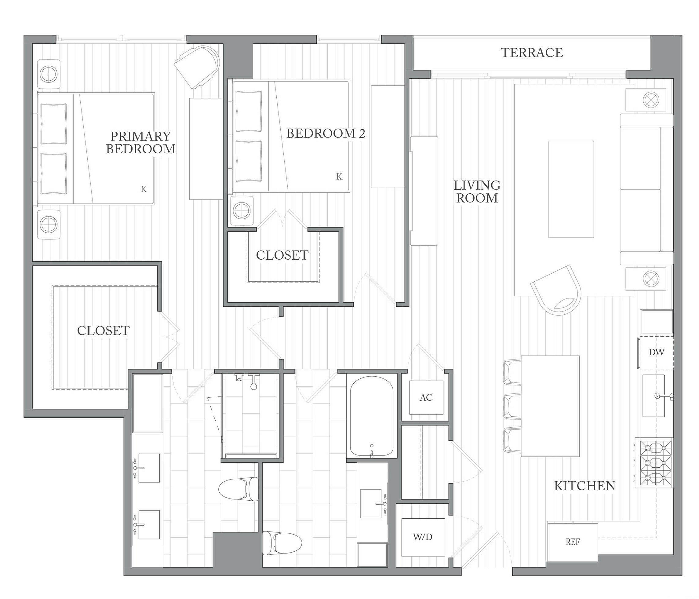 A 3D image of the 2C floorplan, a 1199 squarefoot, 2 bed / 2 bath unit